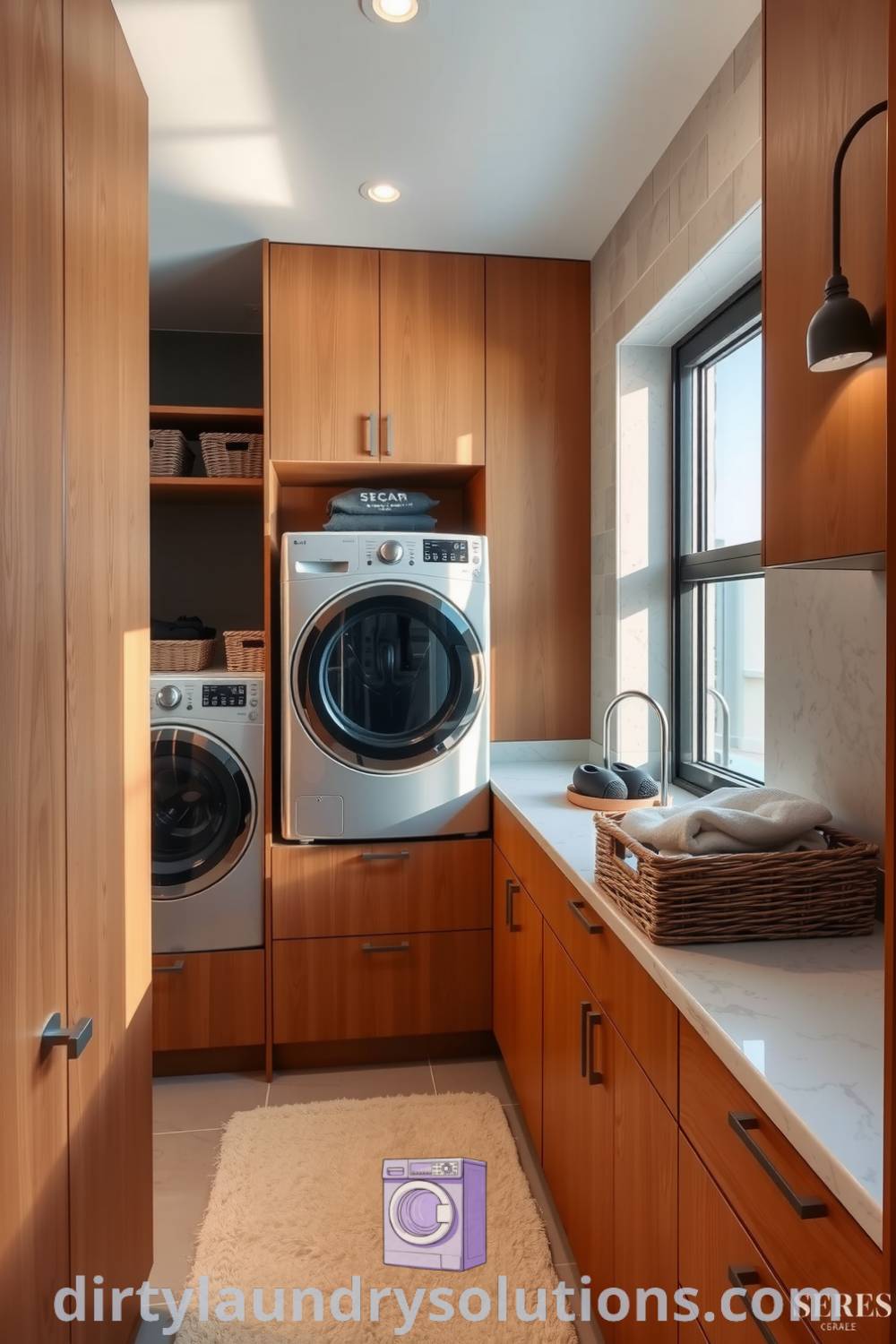 Luxury laundry room featuring sleek stone countertops, warm wooden cabinetry, soft filtered light from frosted glass window, plush area rug, and wicker baskets for elegant organization. Explore inspiring ideas for your home at dirtylaundrysolutions.com.