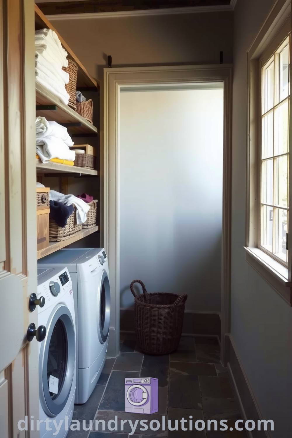 Cozy hallway laundry with aged wooden shelving, neatly folded towels, and soft light on a textured stone floor, creating an inviting atmosphere. Discover unique ideas for your home at dirtylaundrysolutions.com.