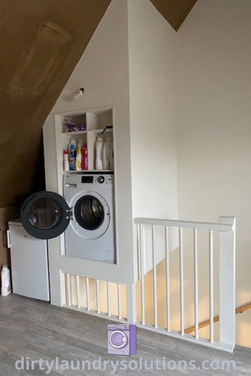 A washer and dryer in the corner of a cozy laundry room with white walls, showcasing organization ideas and DIY furniture repurpose inspirations for small spaces. Discover more cozy ideas for your home at dirtylaundrysolutions.com.