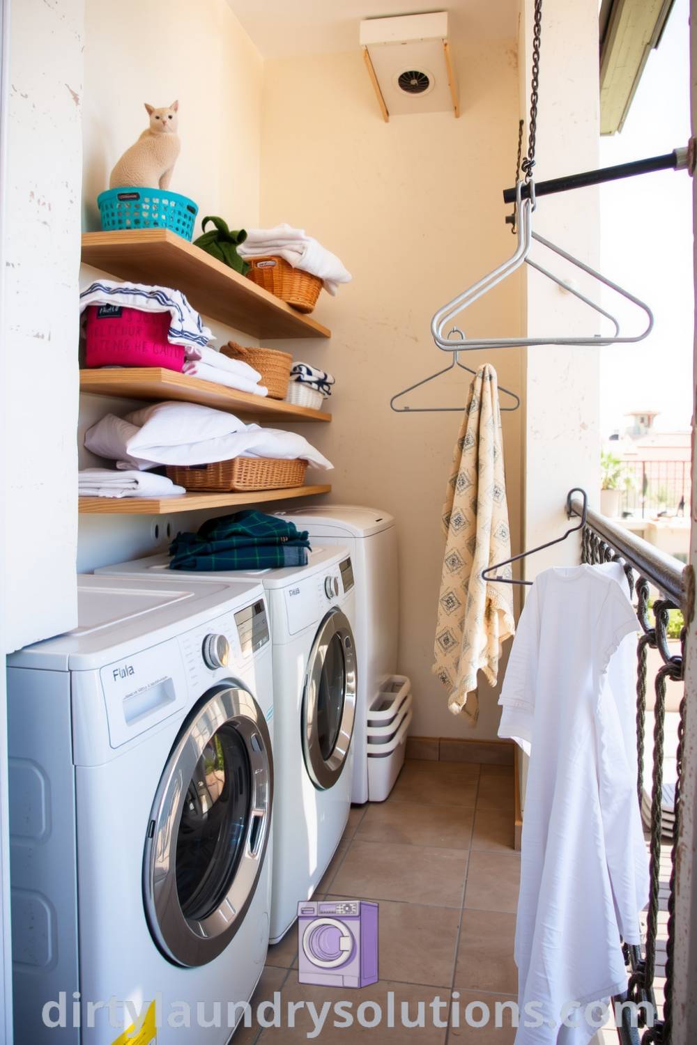 Cozy balcony laundry nook featuring rustic wooden shelves, colorful baskets, metal hooks, and sunlit tiled flooring, creating an inviting atmosphere for an efficient laundry experience. Discover more inspiring ideas for your home at dirtylaundrysolutions.com.