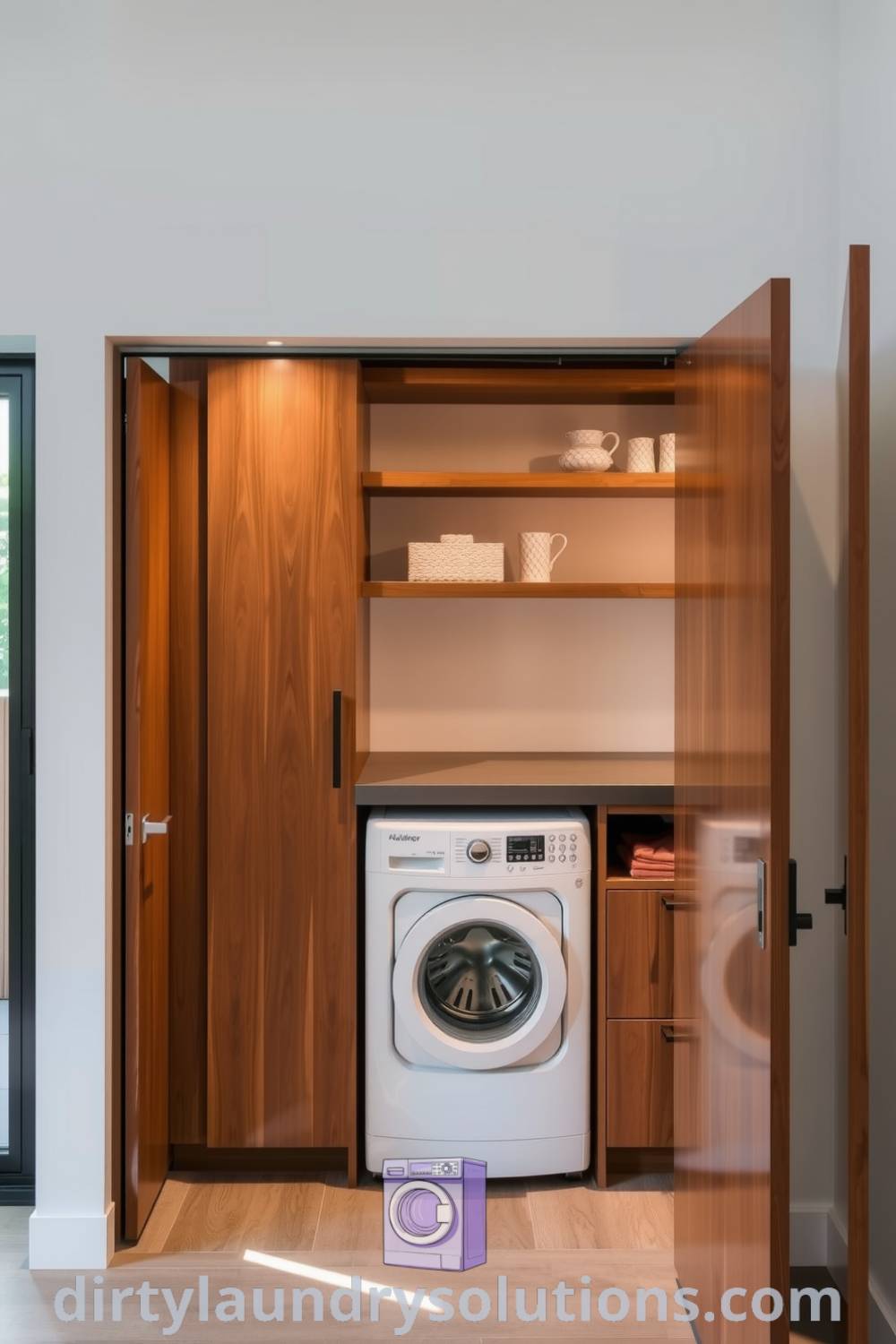 Modern hidden laundry featuring sleek cabinetry, wood shelves, concrete countertop, and soft ambient lighting, creating a cozy aesthetic for busy homes. Find inspiring ideas for your home at dirtylaundrysolutions.com.