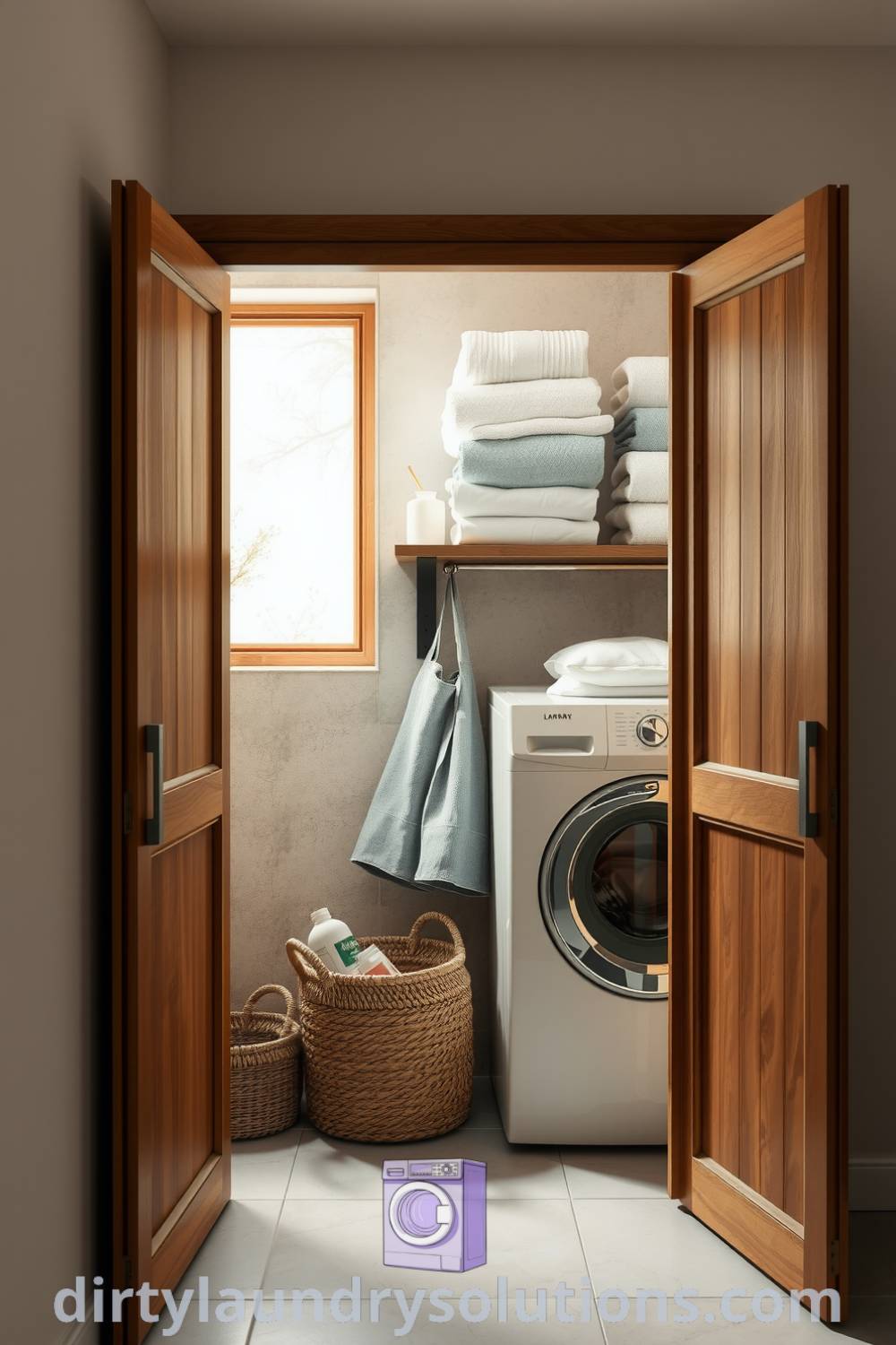 Cozy Japandi style laundry area with natural materials, wooden shelves, and woven baskets for organization, creating a serene and functional space. Explore inspiring ideas for your home at dirtylaundrysolutions.com.