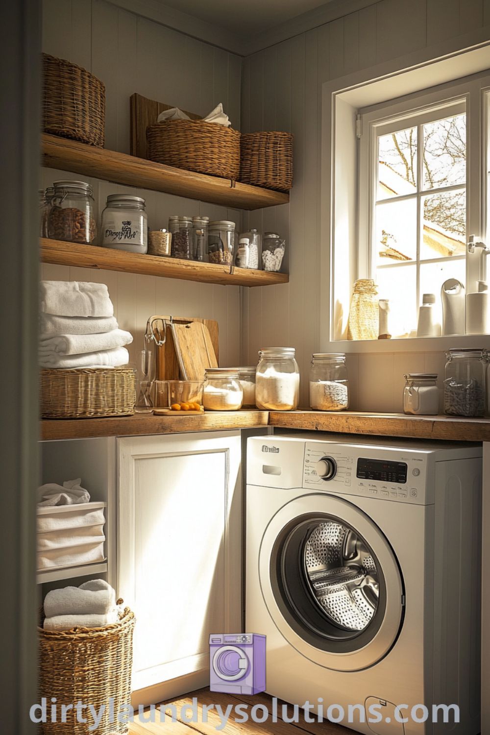 Cozy laundry room showcasing a compact washer and dryer, open shelving with organized baskets and jars, warm light, and rustic wood accents, creating a charming atmosphere. Discover inspiring ideas for small spaces at dirtylaundrysolutions.com.