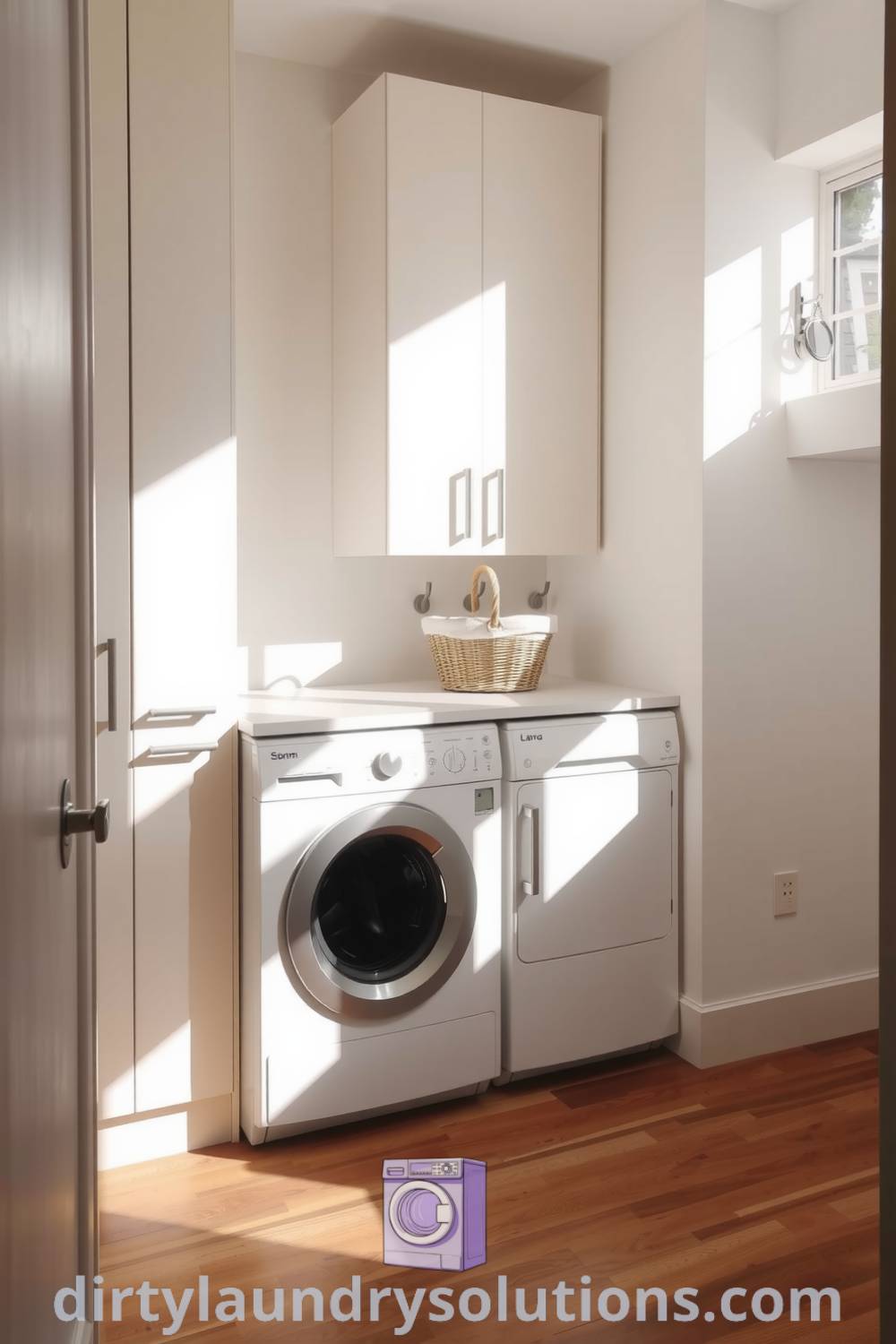 Modern hallway laundry with sleek white cabinets, warm wooden floors, and contemporary appliances, offering stylish organization solutions and cozy aesthetics. Discover more inspiring ideas for your home at dirtylaundrysolutions.com.