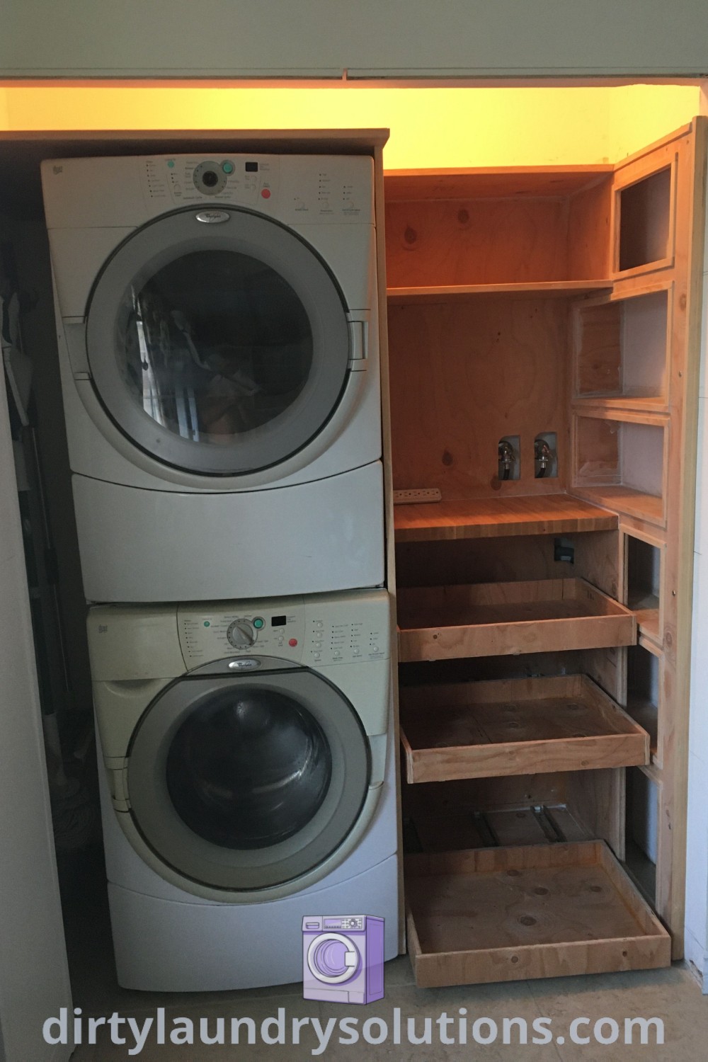 A cozy laundry room pantry combo showcasing a washer and dryer next to an open cabinet, highlighting storage solutions and design ideas suitable for small spaces. Discover more inspiring organization ideas at dirtylaundrysolutions.com.