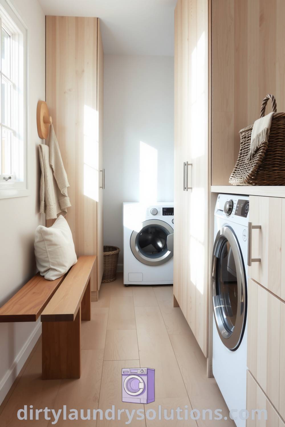 Scandinavian hallway laundry with pale wooden cabinetry, natural light, linen baskets, and a slatted wooden bench, offering cozy design ideas and organization inspiration for busy homes. Discover more unique ideas for your home at dirtylaundrysolutions.com.