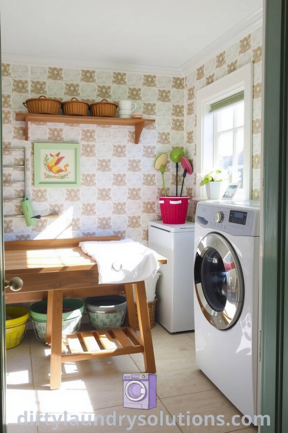A cozy retro hallway laundry with pastel colors, vintage patterns, a worn wooden folding table, colorful mismatched baskets, and sunlight streaming through a small window, creating an inviting atmosphere. Discover more inspiring ideas for your home at dirtylaundrysolutions.com.