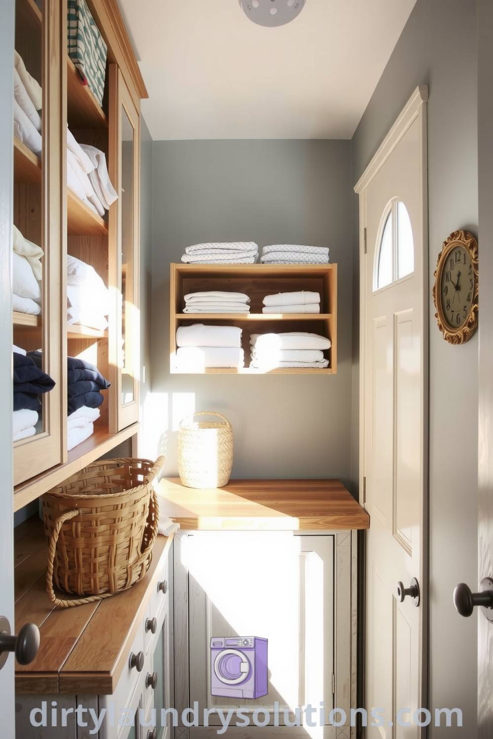 Cozy hallway laundry with sanded wood shelves, distressed cabinetry, and a worn countertop, blending functionality with charming design ideas for small spaces. Explore inspiring solutions to freshen up your space at dirtylaundrysolutions.com.