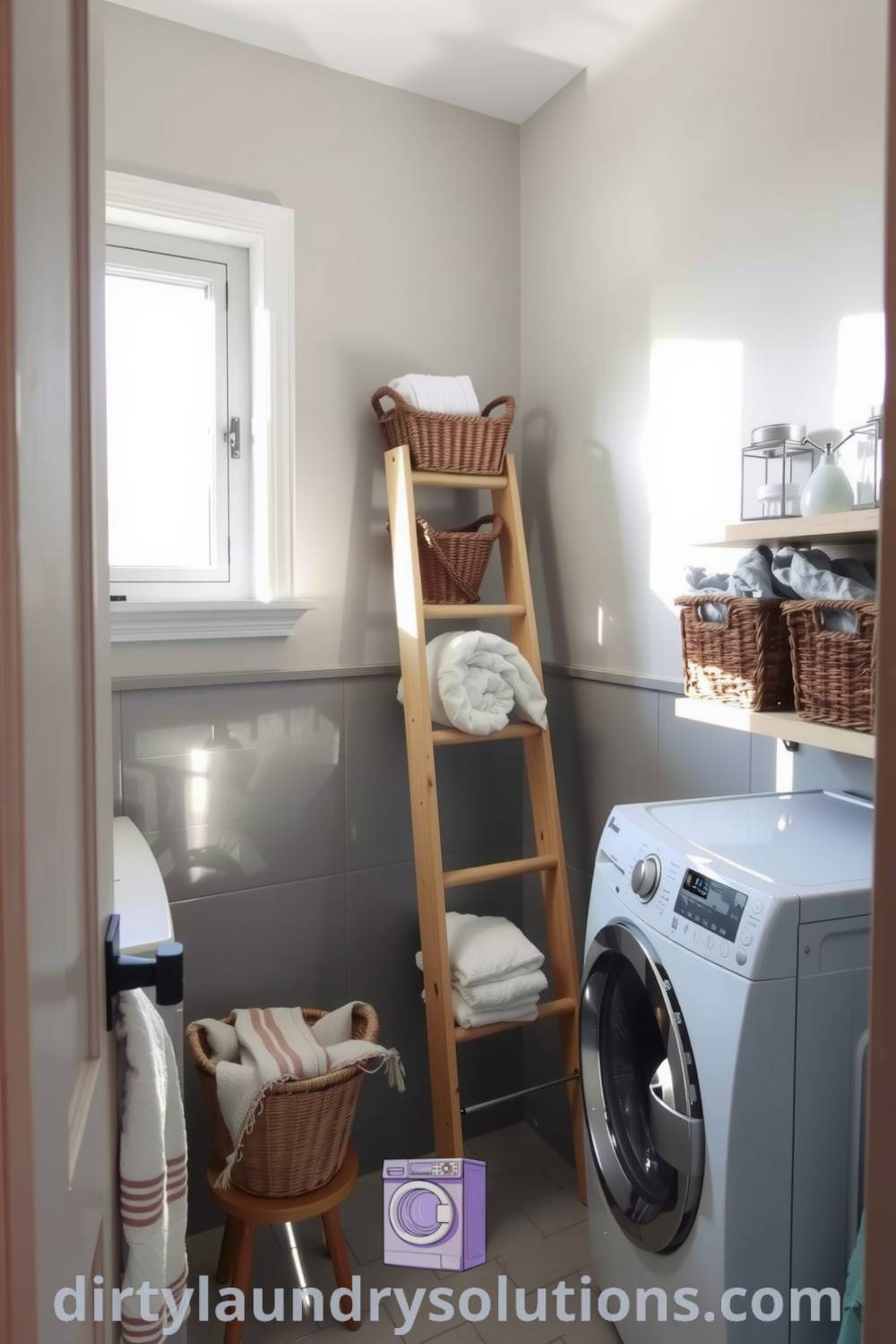 Cozy bathroom laundry featuring sunlight streaming through a window, vintage ladder with neatly arranged towels, rustic wooden shelving, and a serene atmosphere perfect for busy homes. Explore more inspiring ideas at dirtylaundrysolutions.com.