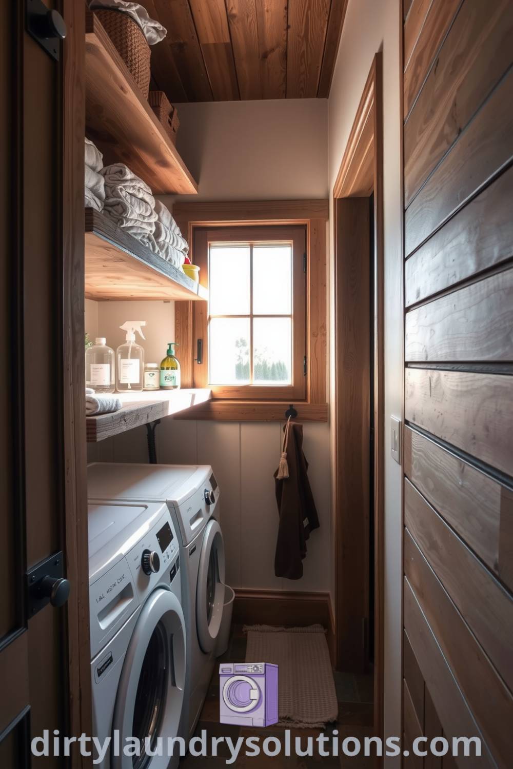 Cozy hidden laundry room featuring rustic wood shelves, soft natural light, and a cool stone floor, creating an inviting atmosphere perfect for household chores. Explore more unique ideas for your home at dirtylaundrysolutions.com.