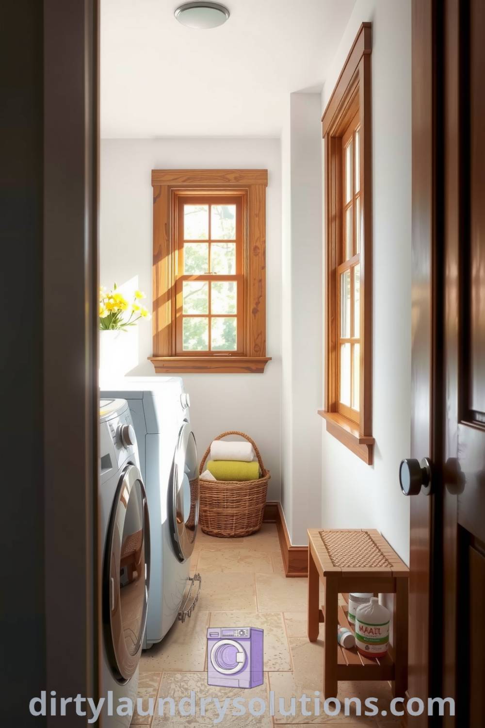 Cozy transitional hallway laundry featuring warm wood accents, textured stone tiles, and a wooden shelf with neatly folded towels, creating an inviting atmosphere for everyday chores. Explore more unique ideas for your home at dirtylaundrysolutions.com.