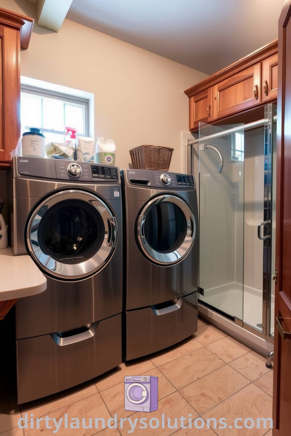 Cozy laundry room with gleaming metal washer and dryer, sleek Pet Wash Shower, warm wood cabinets, and soft lighting, creating an inviting atmosphere perfect for busy homes. Discover inspiring ideas for your home at dirtylaundrysolutions.com.