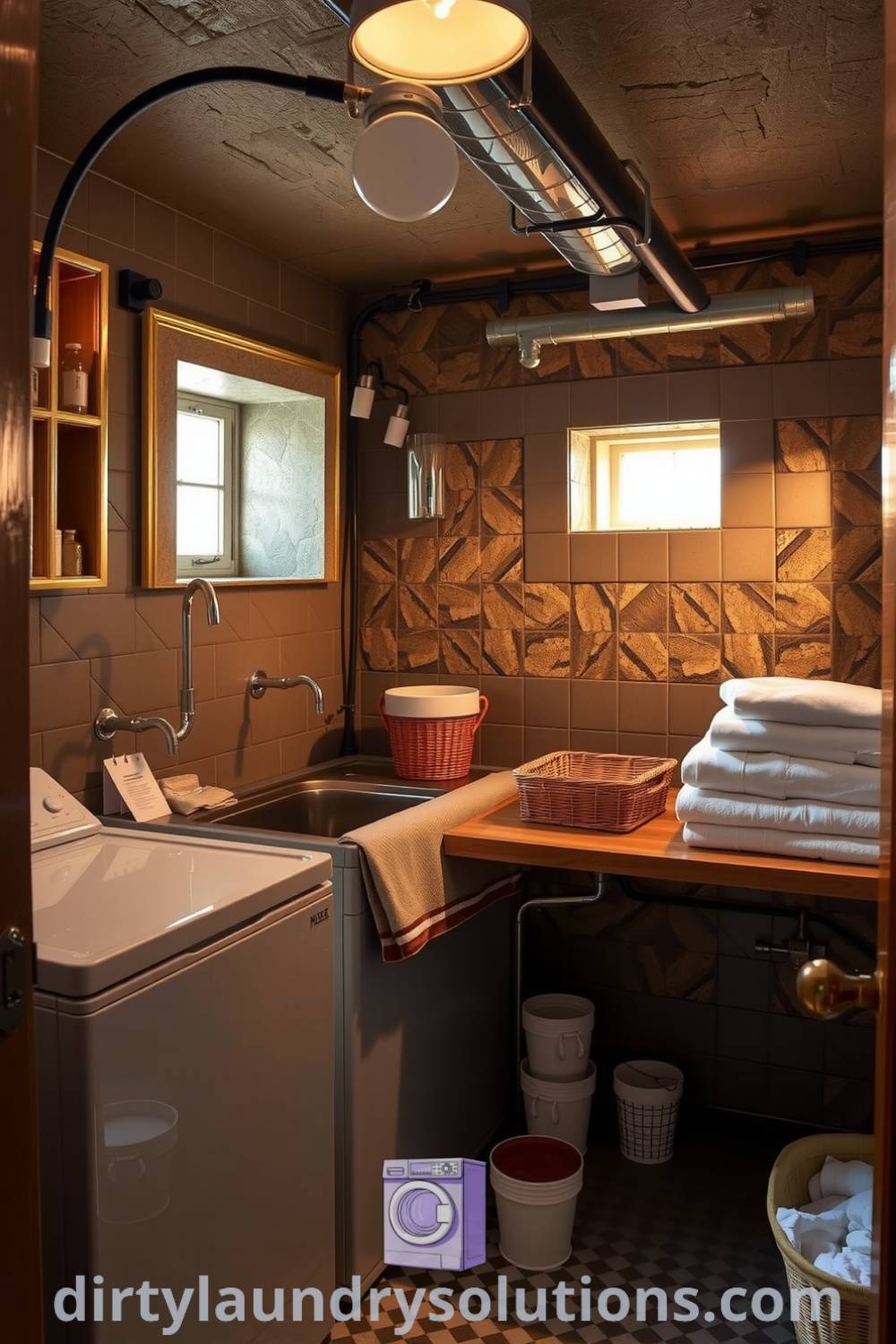 Art Deco styled laundry basement with polished metal fixtures, geometric tile patterns, vintage laundry baskets, and warm lighting, creating a cozy aesthetic filled with charm and functionality. Discover more inspiring ideas for your home at dirtylaundrysolutions.com.