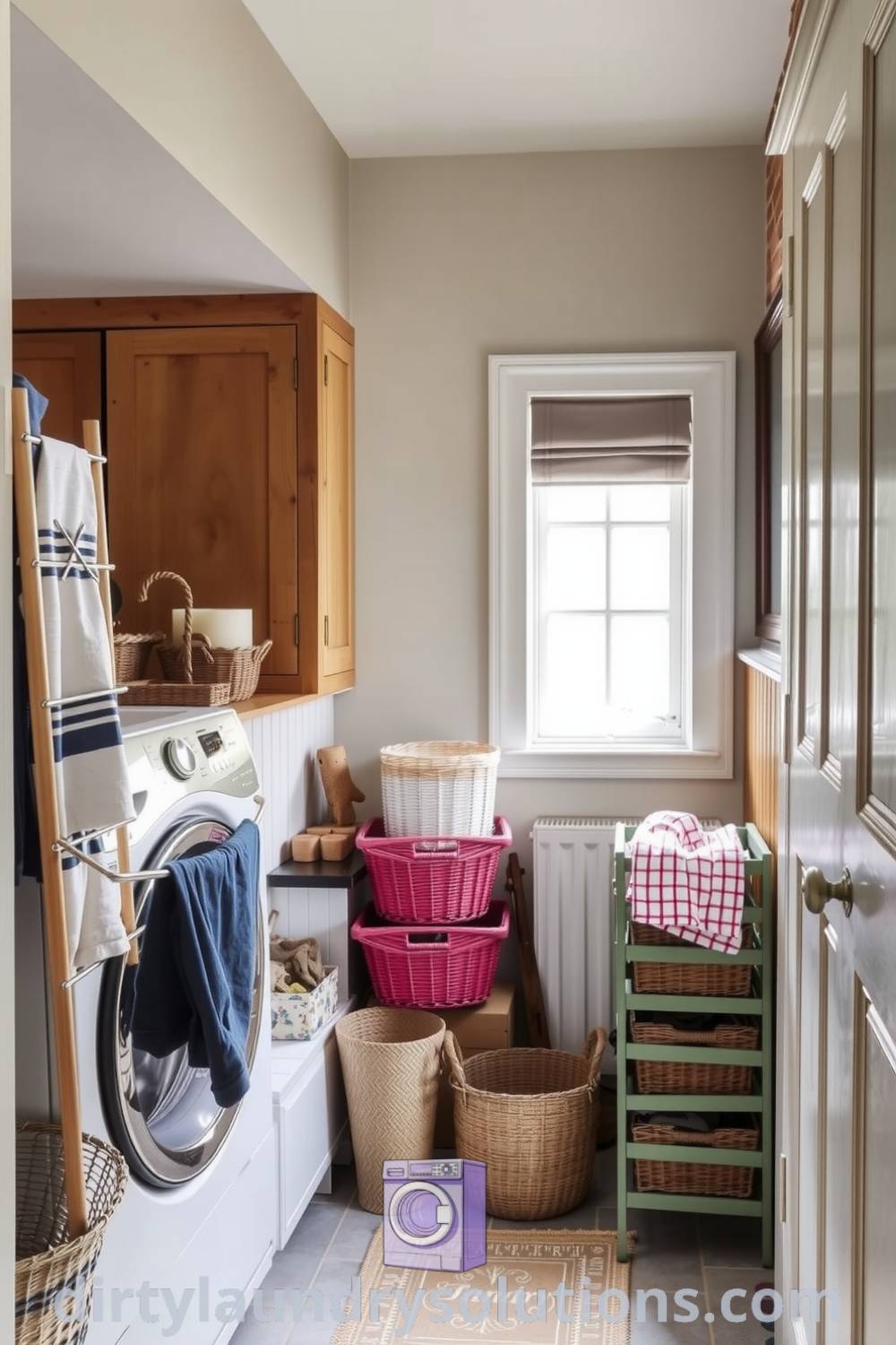 Cozy hallway laundry with natural wood cabinetry, exposed brick accents, vintage drying rack, and neatly stacked baskets, creating an inviting and organized atmosphere. Explore more inspiring ideas for your home at dirtylaundrysolutions.com.