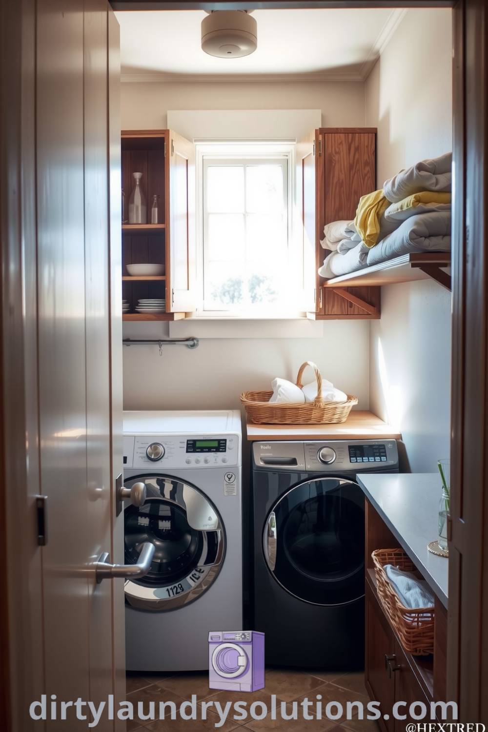 Cozy farmhouse laundry area with weathered wood cabinets, a washer and dryer, and soft sunlight illuminating the space, creating an inviting atmosphere. Discover inspiring ideas for your home at dirtylaundrysolutions.com.