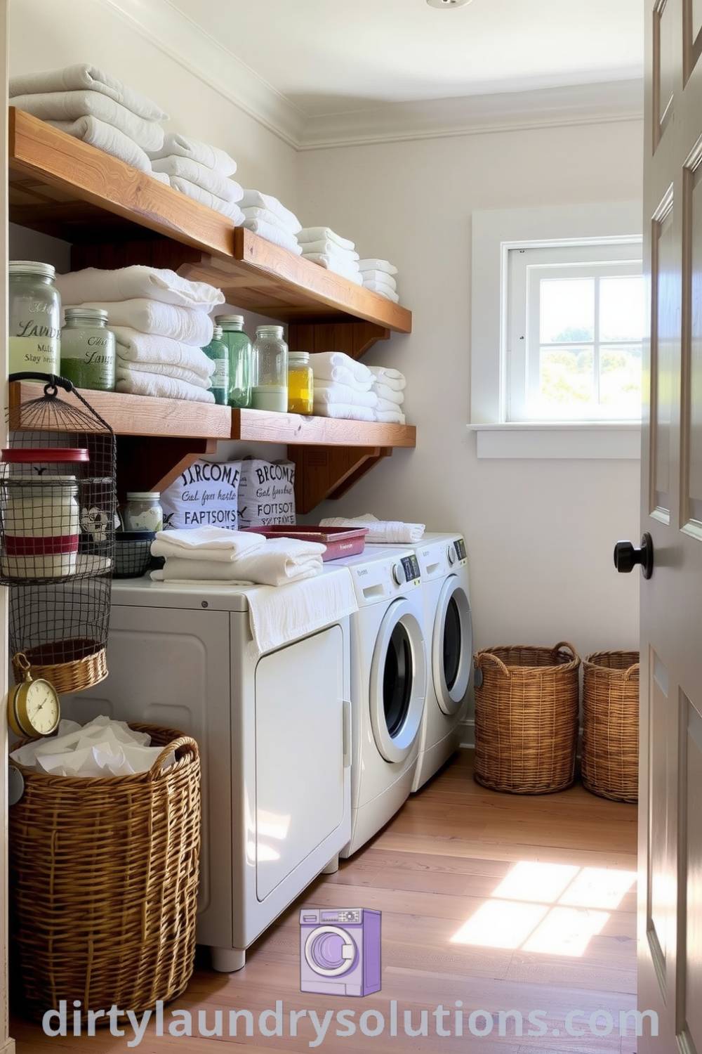 Cozy laundry room with rustic wooden shelves, vintage baskets, and neatly stacked towels, adorned with warm sunlight, creating an inviting space. Discover more unique ideas for your home at dirtylaundrysolutions.com.