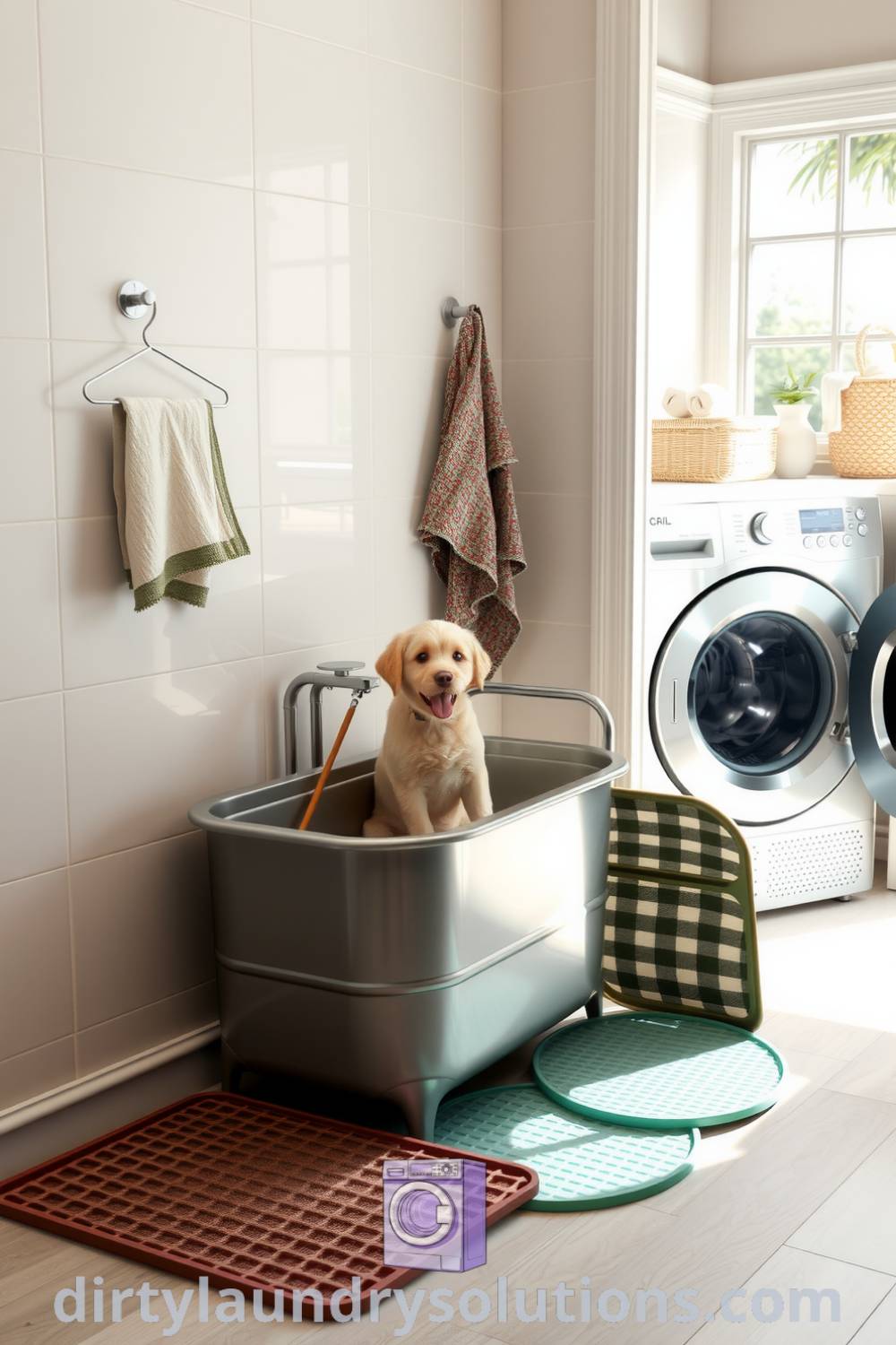 Cozy pet wash station with a sturdy metal tub, cheerful rubber mats, and brushed steel washer and dryer, creating a delightful atmosphere for pet bathing and laundry chores. Discover more cozy ideas for your home at dirtylaundrysolutions.com.