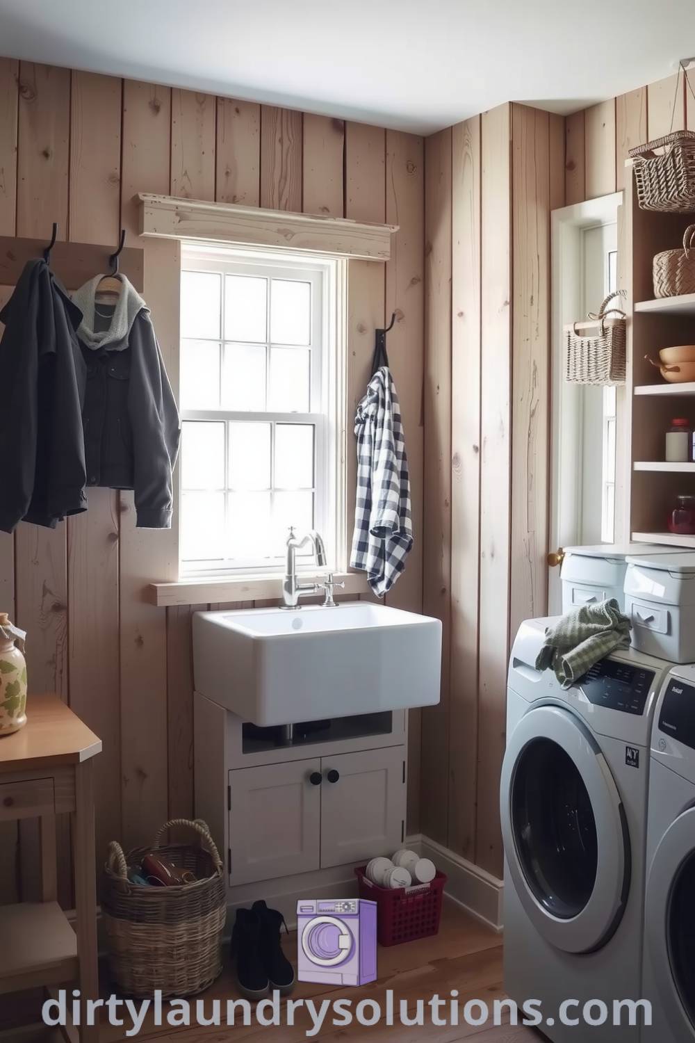 Cozy farmhouse mudroom laundry featuring rustic wooden panels, a charming farmhouse sink, and organized storage with hooks and baskets, perfect for busy homes. Explore more unique ideas for your home at dirtylaundrysolutions.com.