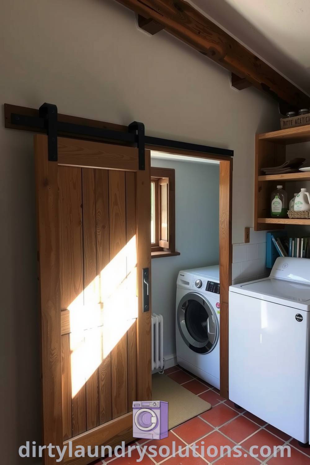 Charming farmhouse laundry behind a rustic sliding barn door, featuring weathered wooden shelves with jars of detergent, sunlight filtering through a window, creating a warm and cozy atmosphere. Explore unique ideas for your home at dirtylaundrysolutions.com.