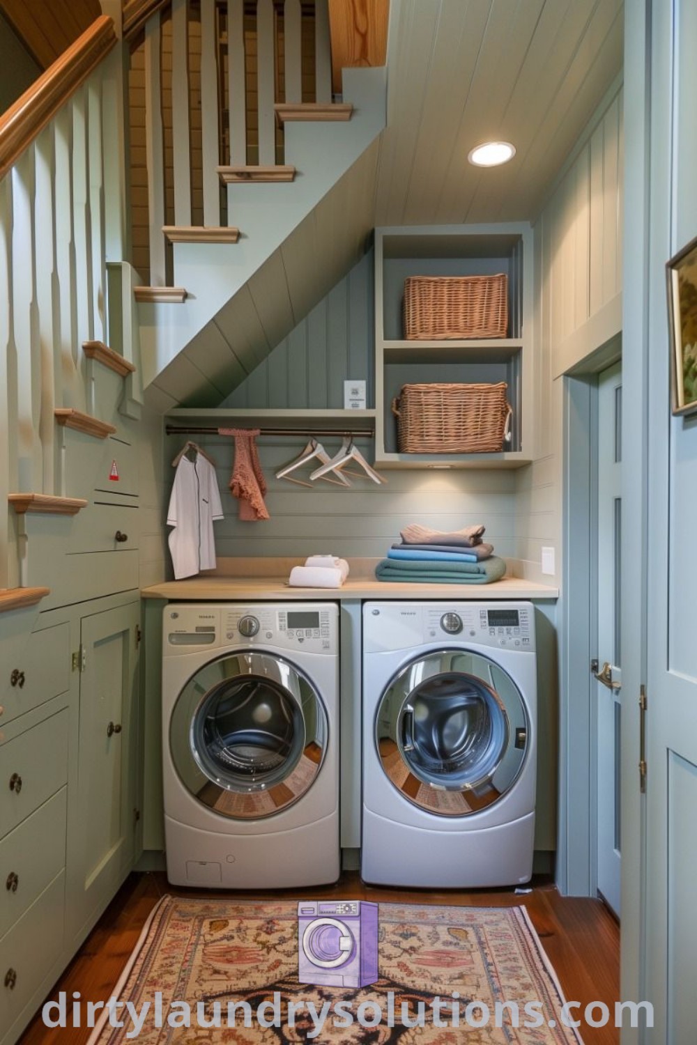 A cozy laundry room under the stairs featuring a washer and dryer, showcasing unique ideas for maximizing space in small homes. Discover inspiring organization ideas and bright decor at dirtylaundrysolutions.com.