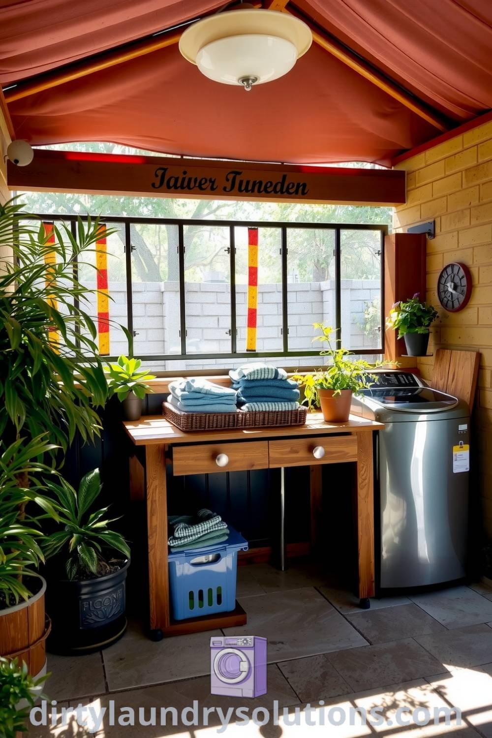 Covered patio laundry area with a weathered wooden table, neatly folded clothes, shiny metal appliances, and potted plants, creating a cozy atmosphere for laundry tasks. Explore unique ideas for your home at dirtylaundrysolutions.com.
