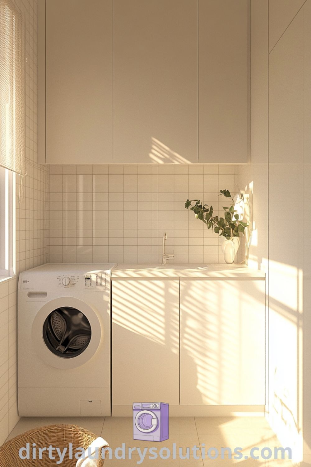 Cozy laundry room with white cabinets, washer, dryer, natural light, and organized elements creating an inviting aesthetic. Explore inspiring ideas for small spaces at dirtylaundrysolutions.com.