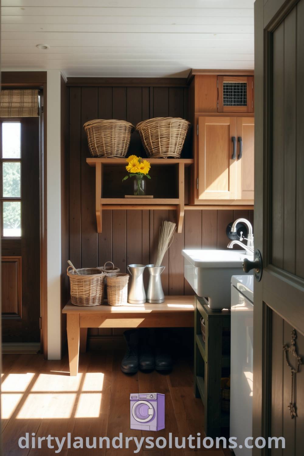 Cozy farmhouse mudroom laundry featuring rough-hewn wooden cabinets, vintage wash basin, natural fiber baskets, and warm sunlight on wooden floors, creating an inviting and practical space. Explore more cozy ideas for your home at dirtylaundrysolutions.com.