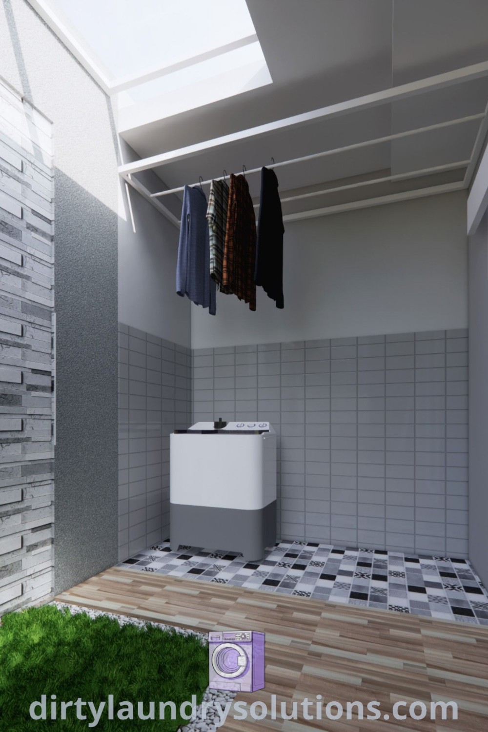 A cozy outdoor laundry area featuring a toilet, green grass flooring, and a tiled wall, offering practical design ideas for laundry room organization. Discover more unique inspirations at dirtylaundrysolutions.com.