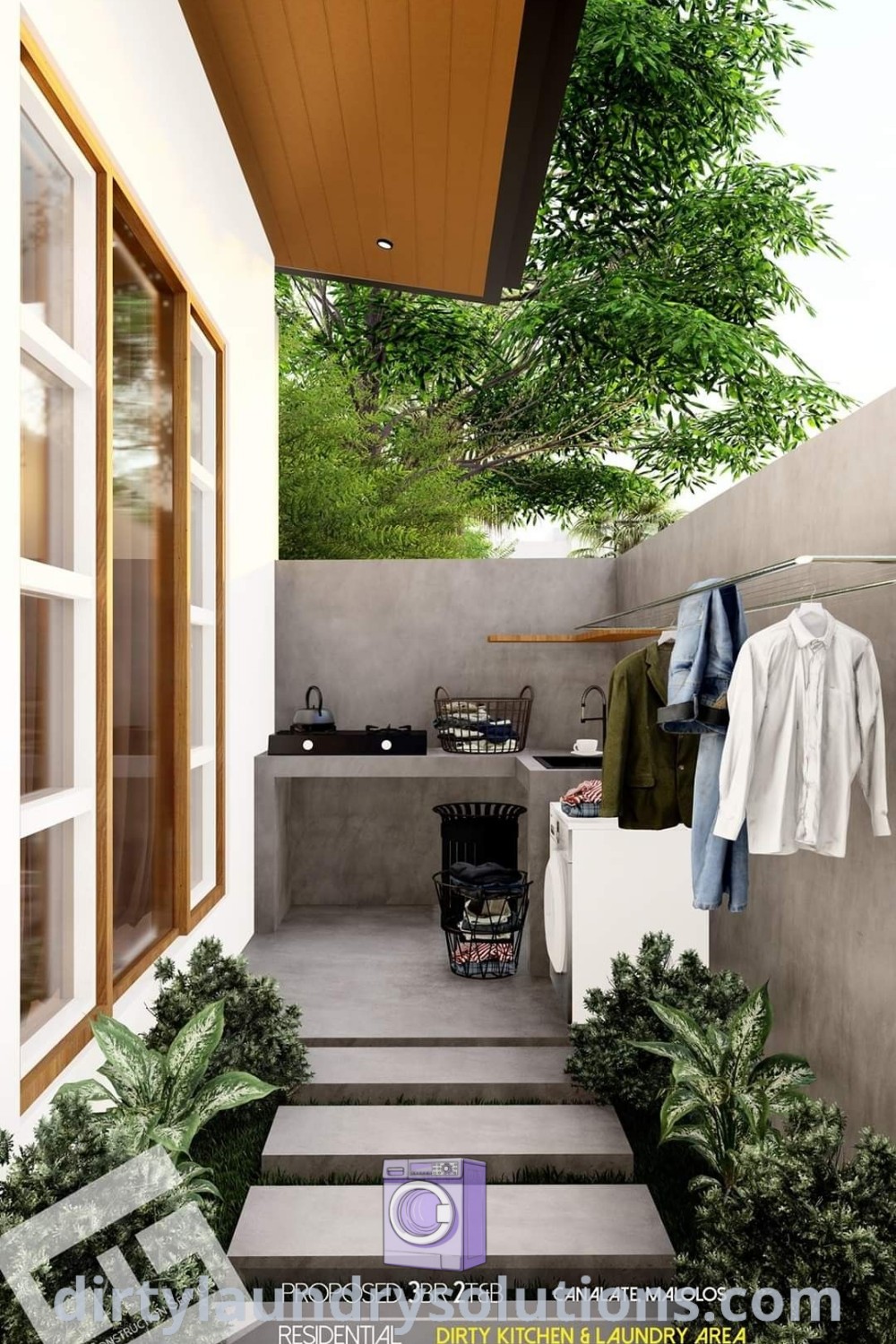 An outdoor kitchen with stairs leading up to an outside area equipped with clothes hanging on rails. This setup showcases outdoor laundry room ideas and solutions while providing a cozy aesthetic. Visit dirtylaundrysolutions.com for more inspiring ideas for your home.