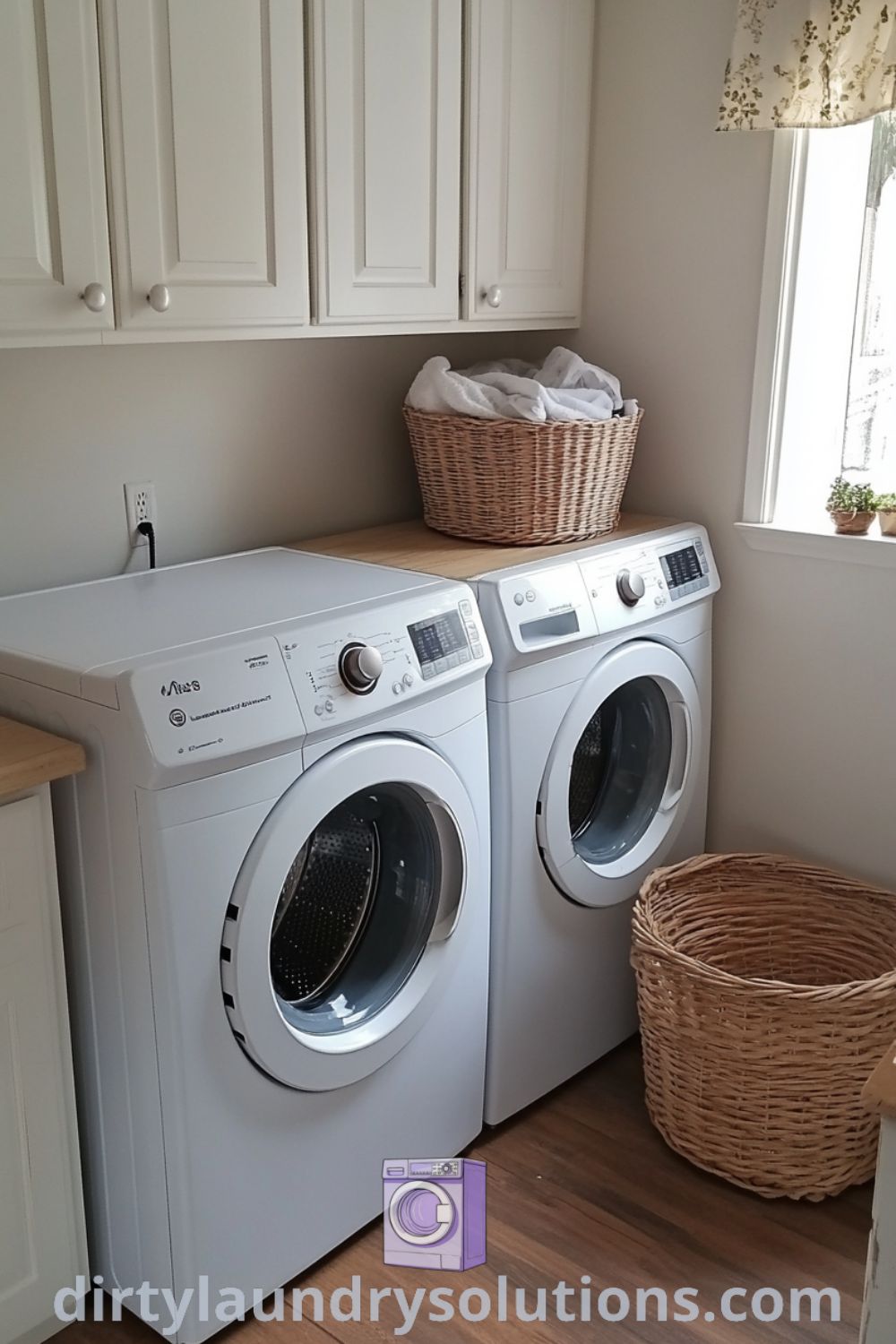 Cozy laundry room with side-by-side washer and dryer framed by white cabinets, sunlight filtering through a window, and woven baskets for organization. Discover unique ideas for your home at dirtylaundrysolutions.com.