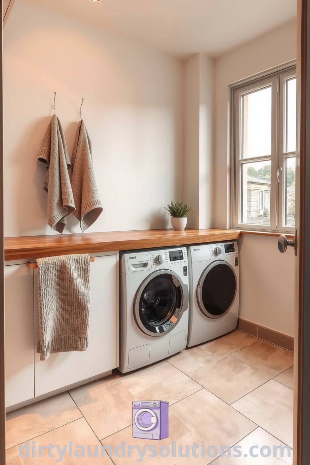 Cozy laundry bathroom featuring a sleek washer and dryer beneath a wooden countertop, soft beige tiles, textured towels, and a potted plant, creating an inviting space. Explore inspiring ideas for your home at dirtylaundrysolutions.com.