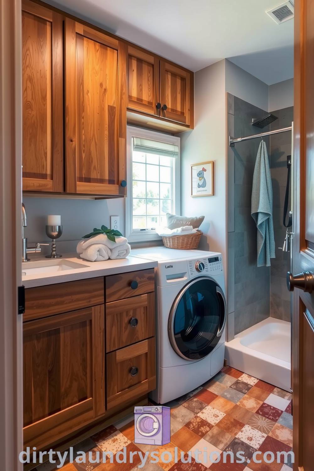 Cozy pet wash laundry area featuring rustic wood cabinetry, earthy tiled floor, fluffy towels, and a cheerful decor, creating a warm and inviting atmosphere. Discover more cozy ideas for your home at dirtylaundrysolutions.com.