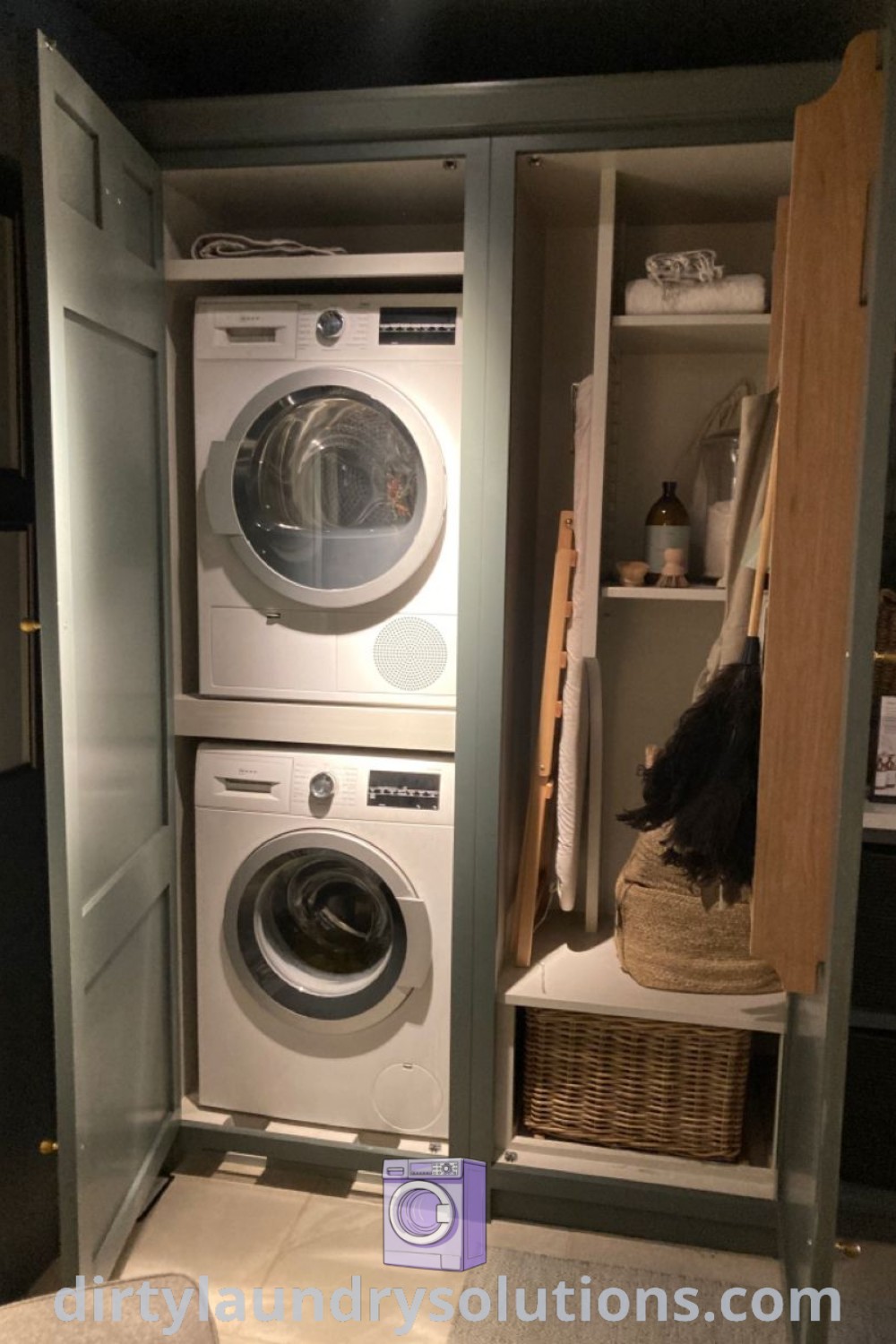 A washer and dryer in a cozy utility room next to a closet with shelves, showcasing unique ideas for washing machine storage and inspiration for small spaces. Discover more cozy home solutions at dirtylaundrysolutions.com.