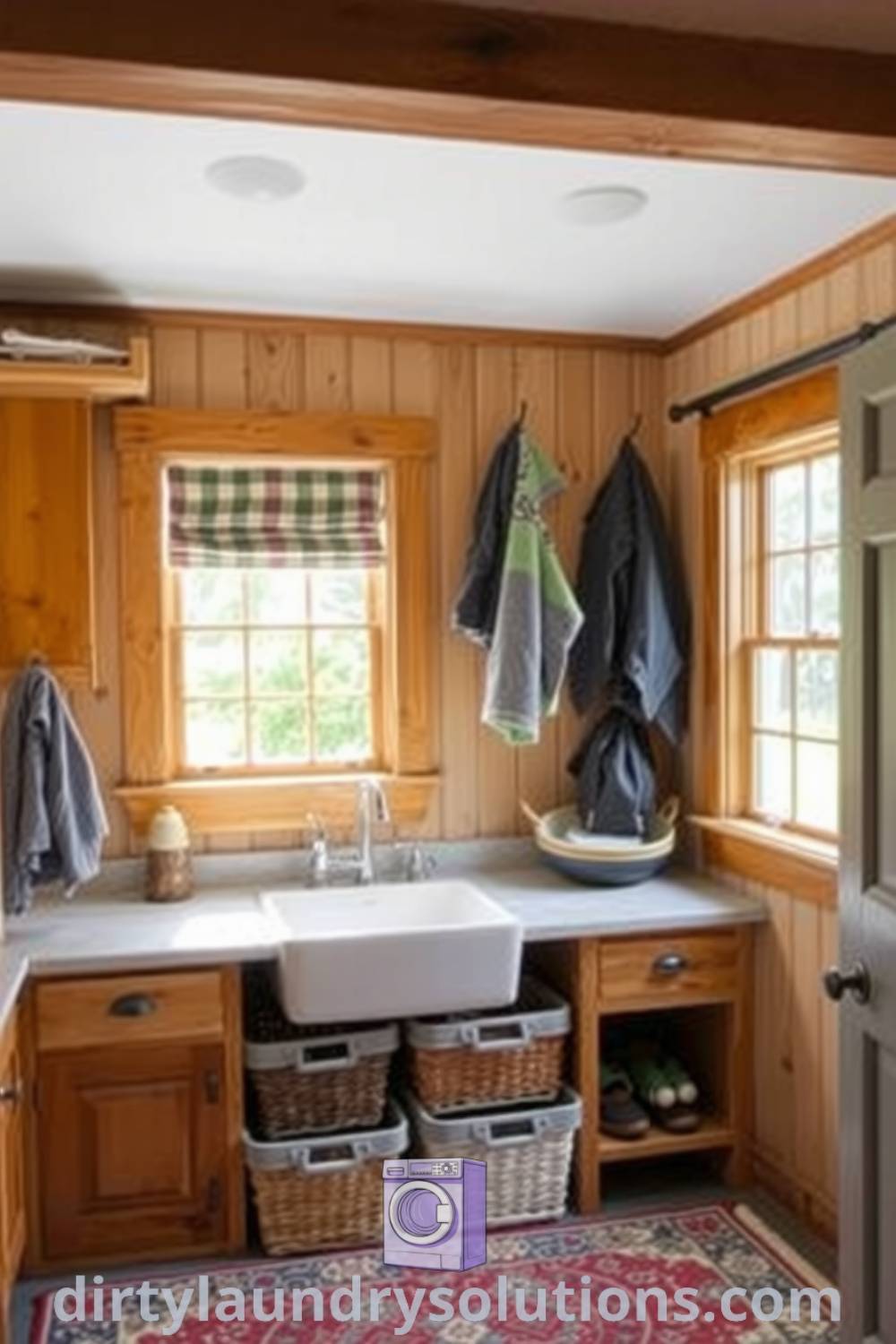 Cozy farmhouse laundry room featuring distressed wood cabinetry, a vintage sink, stone countertops, and practical organization ideas. Discover unique organizing solutions and inspirations for your home at dirtylaundrysolutions.com.