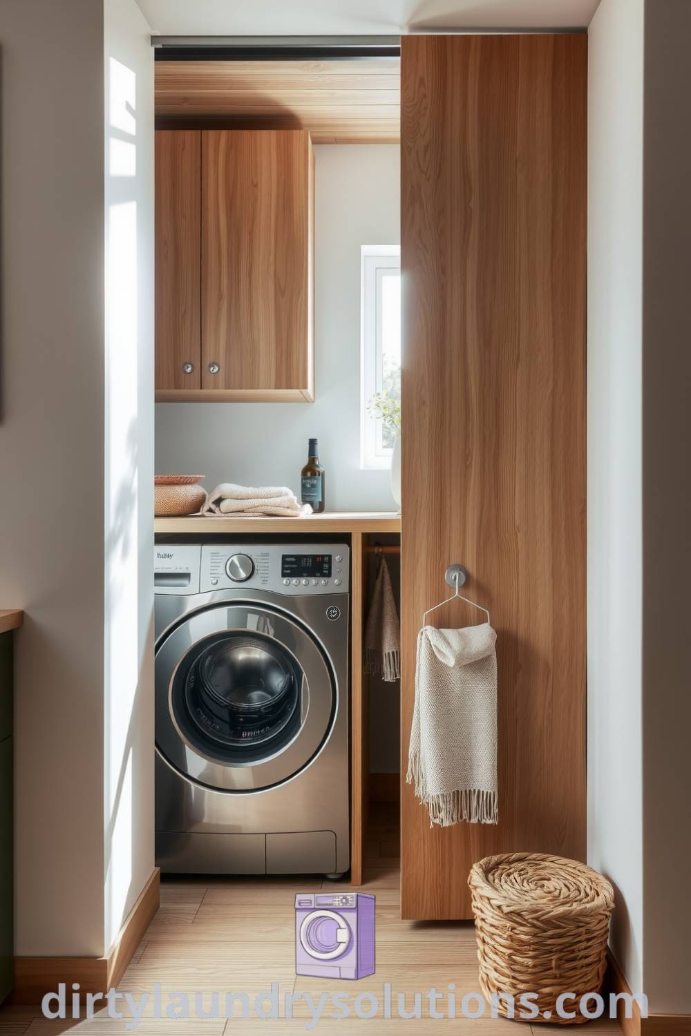 Cozy Scandinavian laundry space with sleek lines, muted wood cabinetry, integrated washer and dryer, and textiles adding warmth, creating an inviting and practical atmosphere. Explore unique ideas for your home at dirtylaundrysolutions.com.