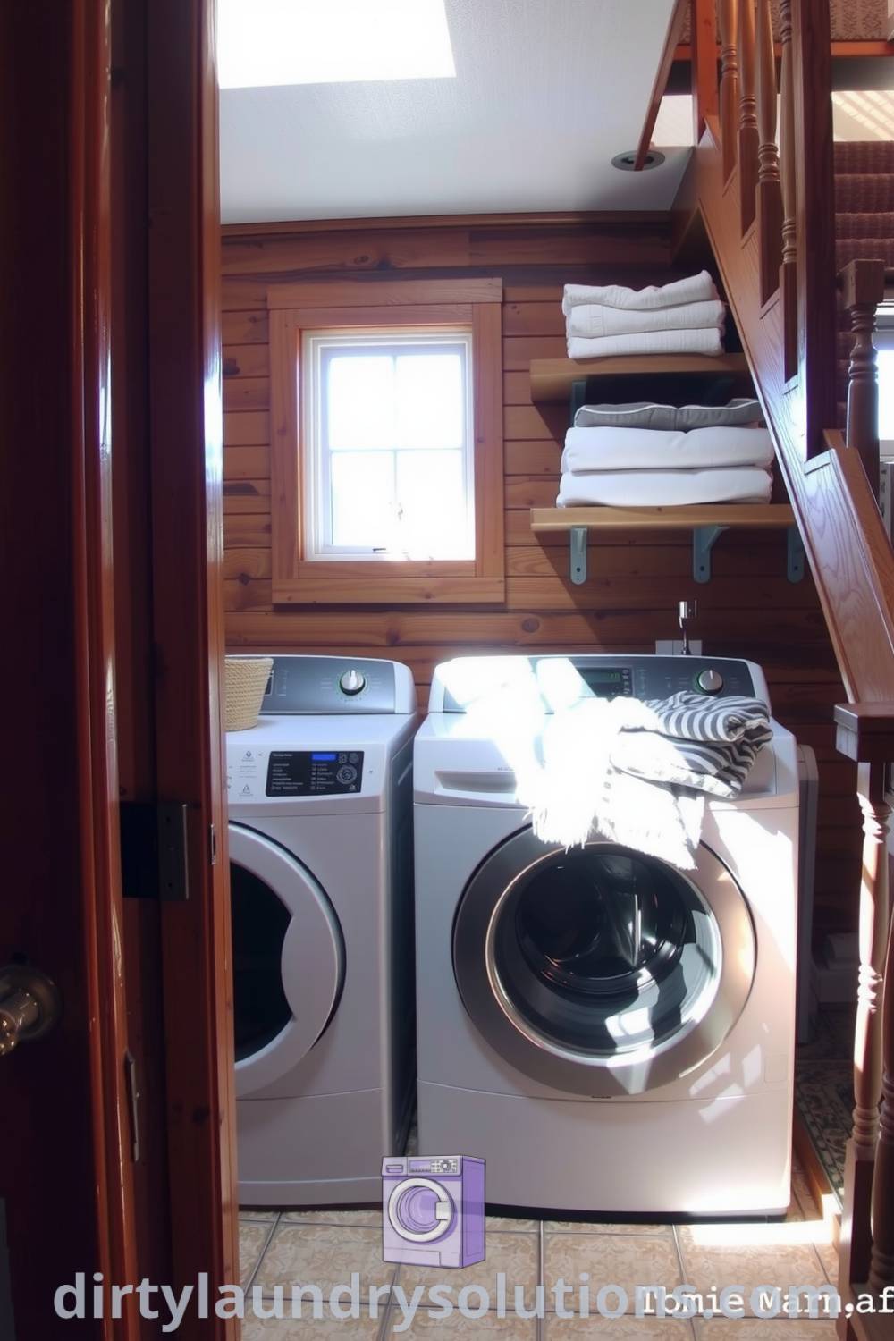 Laundry room under the staircase featuring warm lighting, practical wooden shelves, and baskets of fresh linens, creating a cozy and inviting ambiance. Discover inspiring ideas for your home at dirtylaundrysolutions.com.
