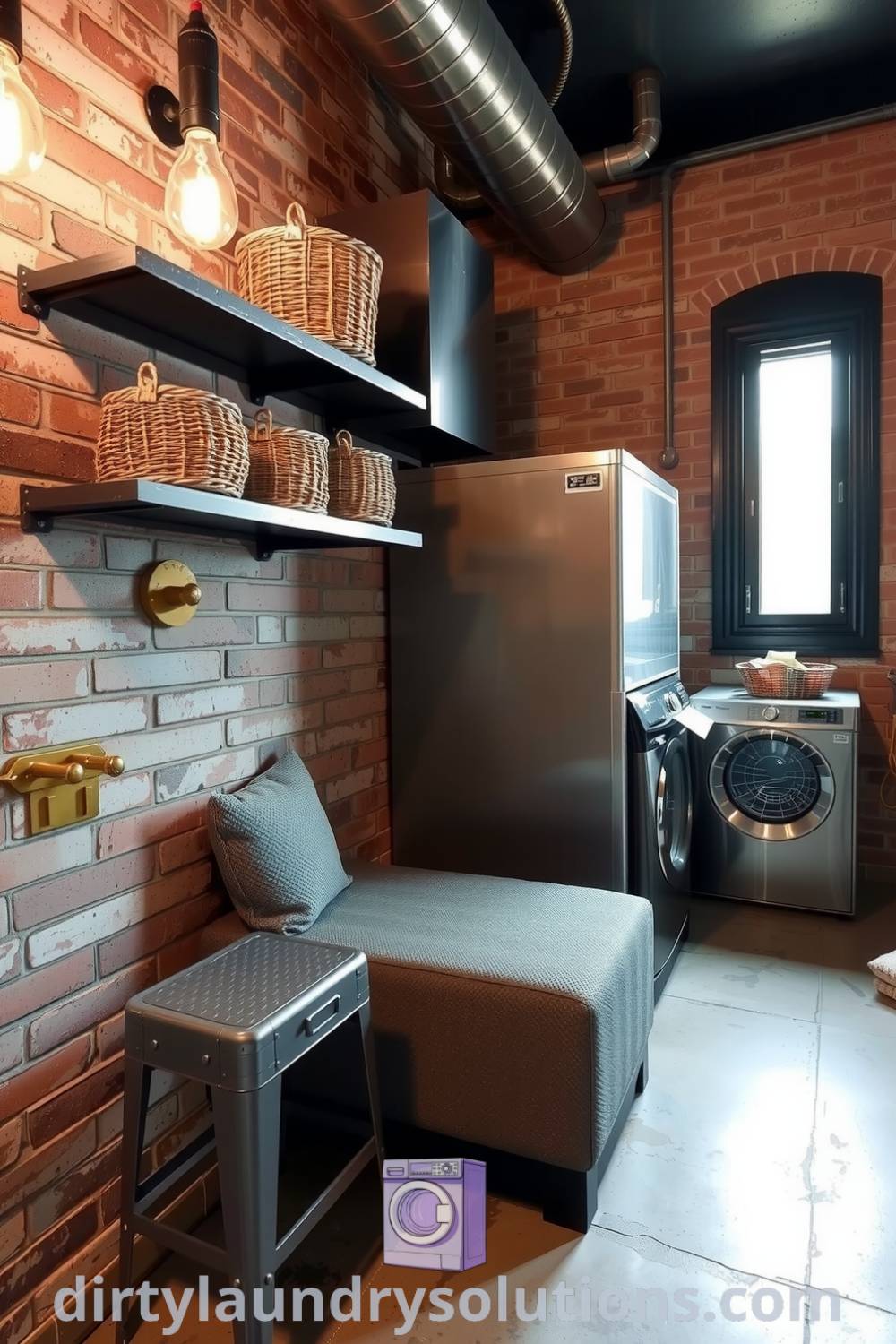 Industrial mudroom laundry with exposed brick walls, stainless steel accents, vintage metal bench, and organized open shelves, combining functionality and rustic charm. Discover more cozy ideas for your home at dirtylaundrysolutions.com.