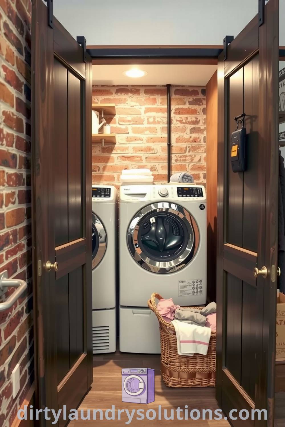 Hidden laundry nook with rustic sliding doors, exposed brick walls, sleek stainless-steel washer and dryer, and cozy decor elements creating an inviting atmosphere. Discover unique ideas for your home at dirtylaundrysolutions.com.