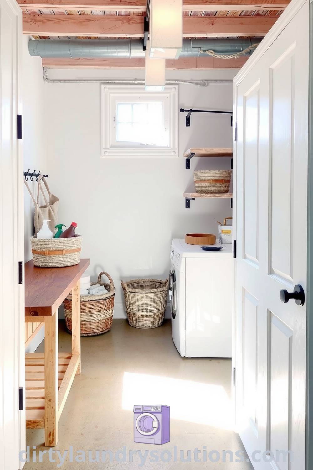 Cozy coastal basement laundry with soft sea glass hues, weathered wood countertop, natural fiber baskets, and sunlight filtering through a small window, creating an inviting and serene atmosphere. Explore more design ideas at dirtylaundrysolutions.com.