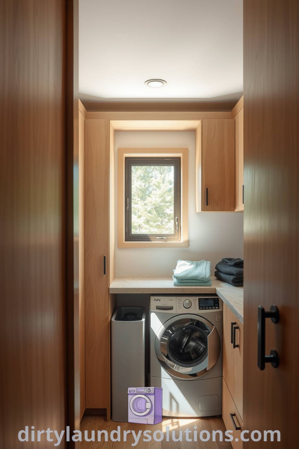 Cozy Japandi laundry area featuring light wood cabinetry, smooth stone countertops, and natural light, showcasing simple yet functional design ideas for small spaces. Discover more inspiring ideas for your home at dirtylaundrysolutions.com.