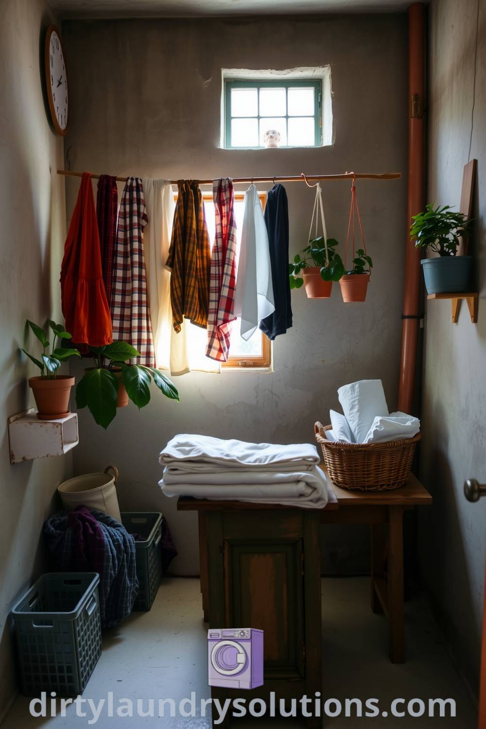 Bohemian basement laundry featuring soft lighting, eclectic fabrics, potted plants, and rustic wooden furnishings, creating a cozy and inspiring space. Discover unique ideas for your home at dirtylaundrysolutions.com.