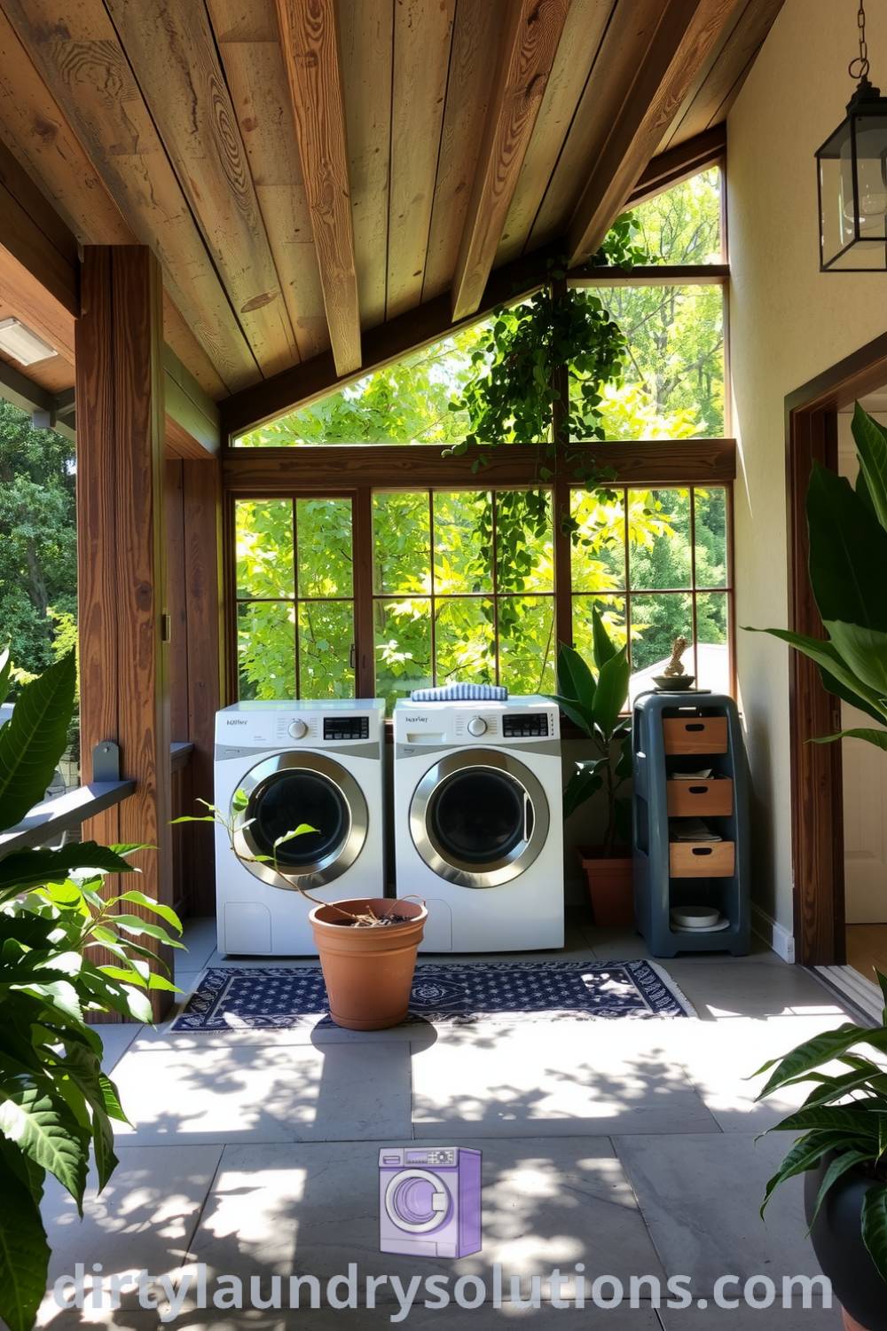 Cozy outdoor laundry space featuring rustic wooden beams, a patterned rug, vibrant potted plants, and sunlight filtering through leaves, creating an inviting atmosphere for chores. Explore more unique ideas for your home at dirtylaundrysolutions.com.