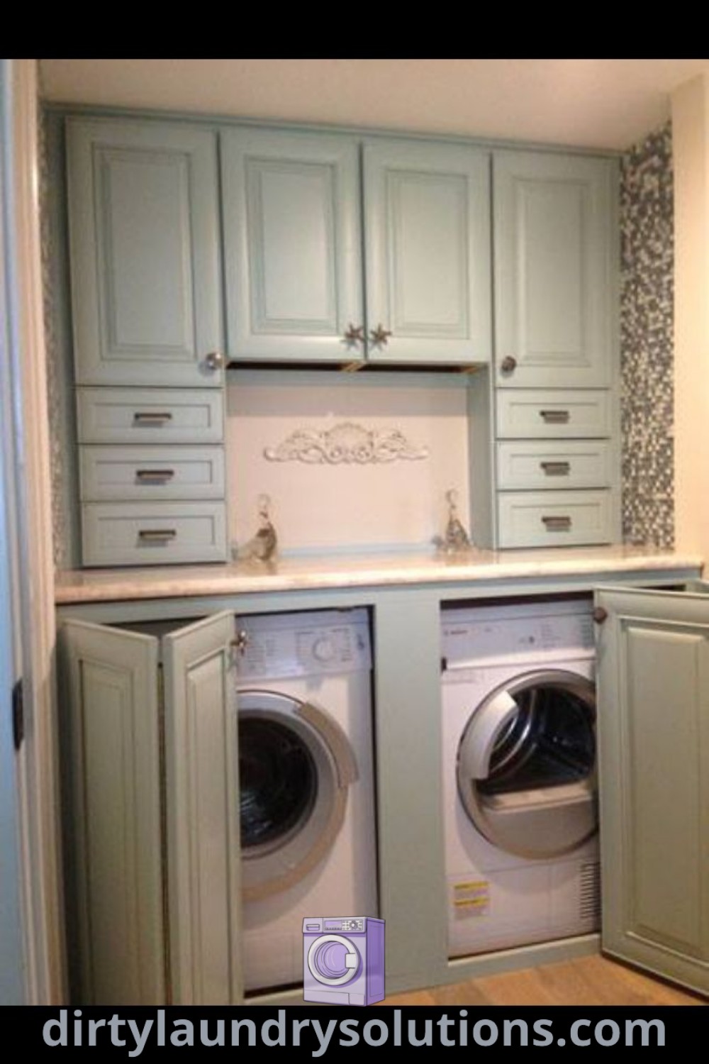 A cozy laundry closet featuring a washer and dryer in a corner with cabinets on both sides, showcasing practical organization ideas. Discover more inspiring and unique laundry closet ideas for your home at dirtylaundrysolutions.com.