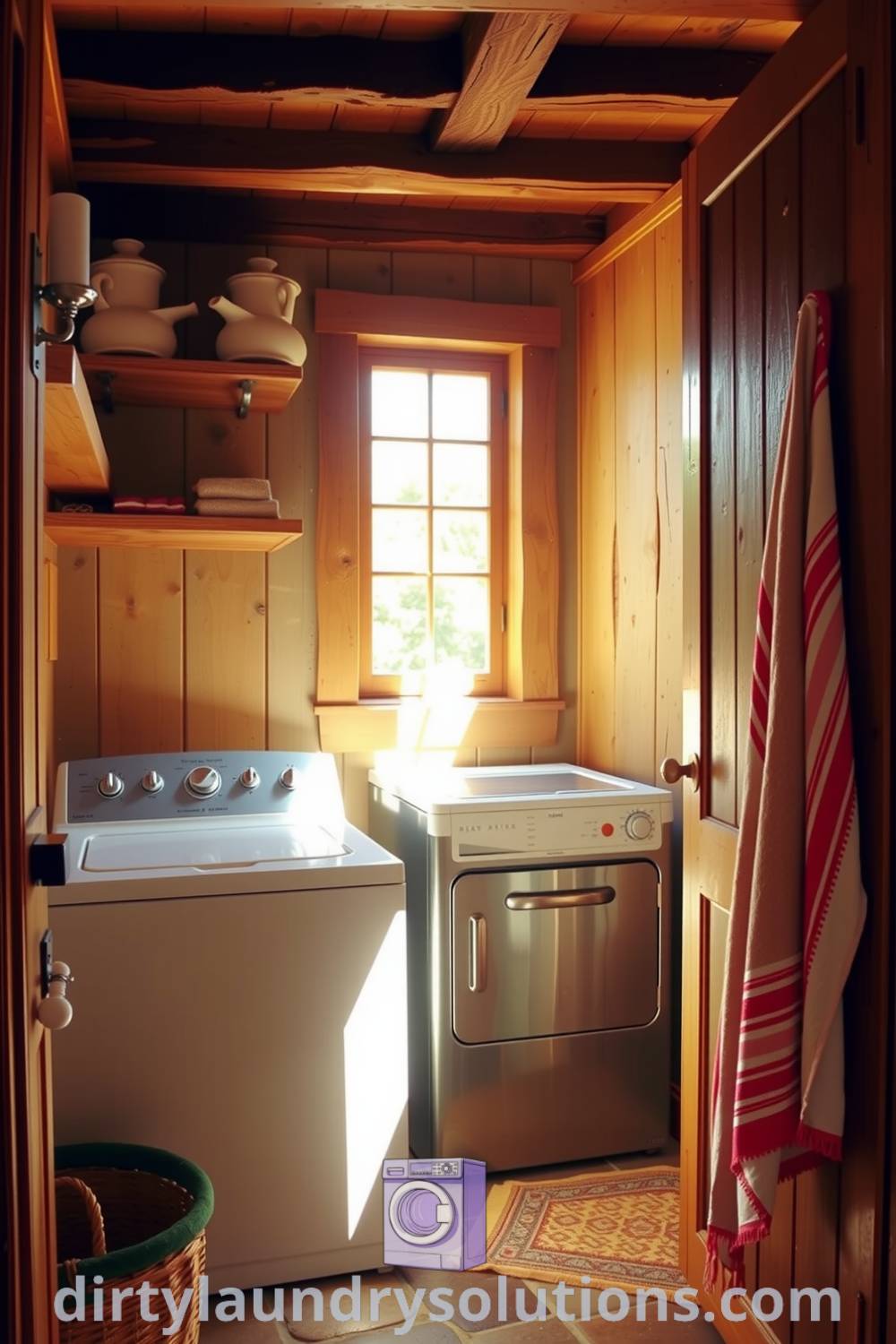 Cozy farmhouse laundry room featuring rustic wooden shelves, a vintage sink, and colorful towels, combining functional designs with warm aesthetics. Explore inspiring ideas for your home at dirtylaundrysolutions.com.