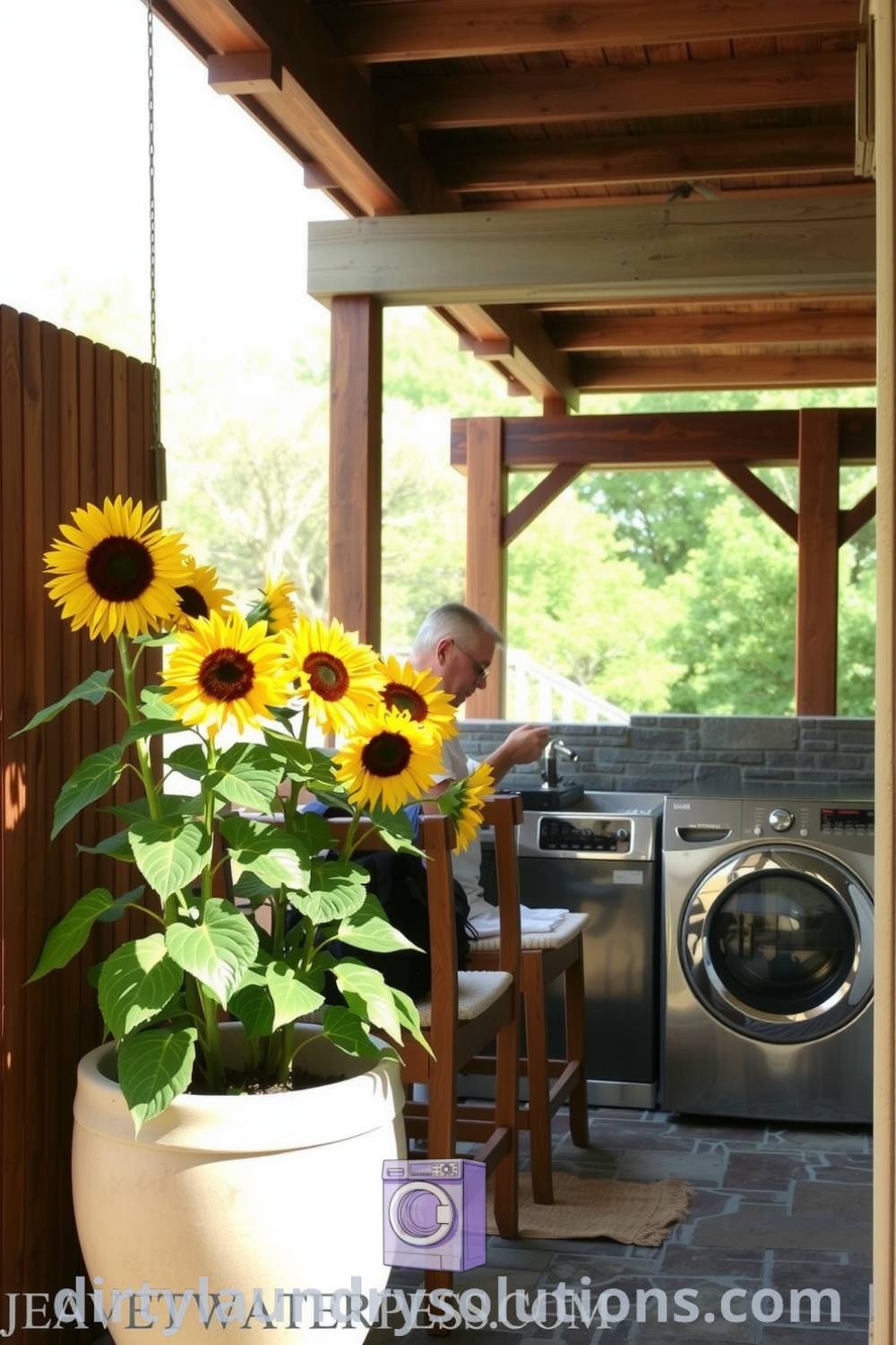 Cozy outdoor laundry area featuring rustic stone flooring, wooden beams, metallic washers, and vibrant sunflowers, creating a cheerful and functional space. Discover inspiring ideas for small spaces at dirtylaundrysolutions.com.