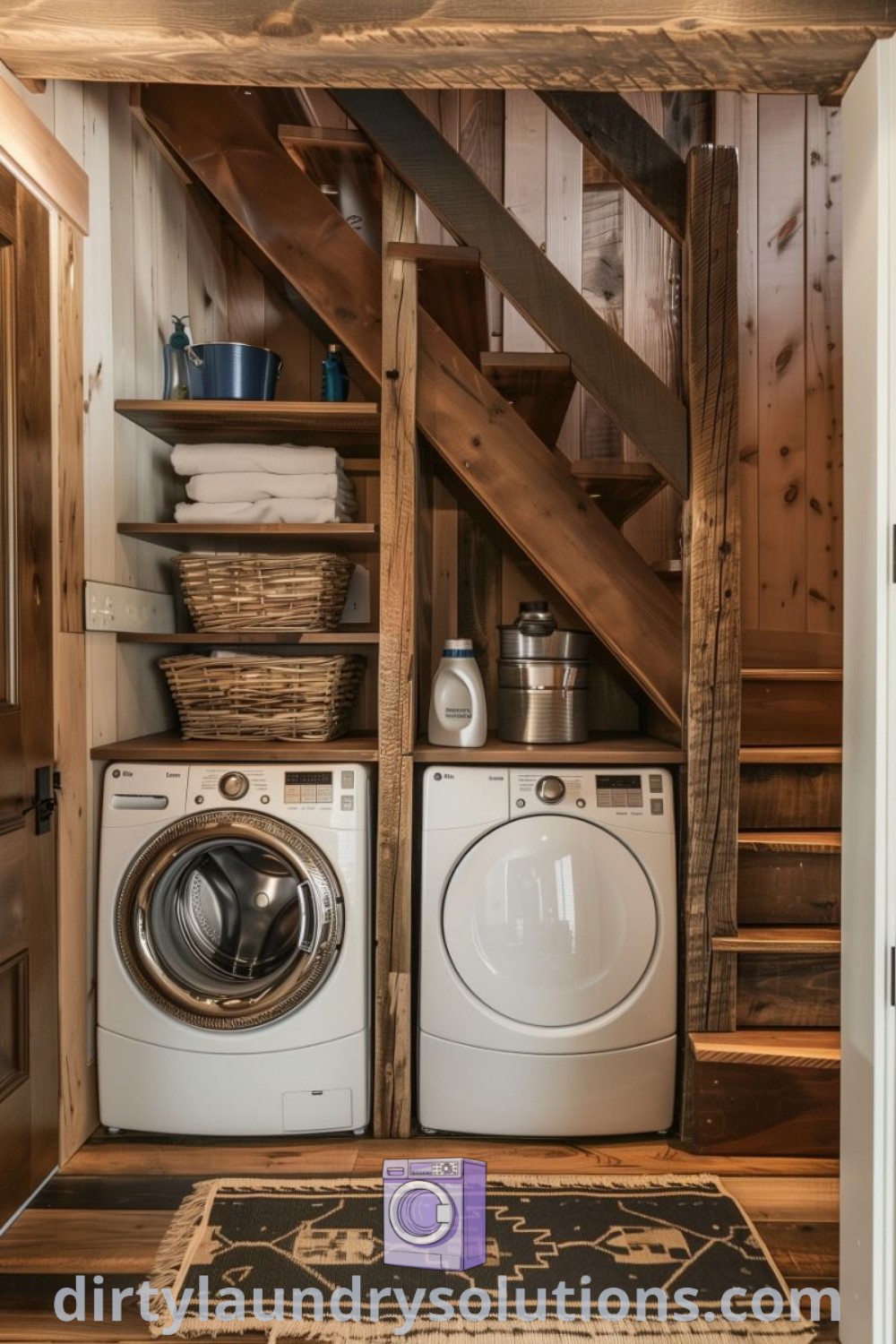 A cozy laundry combo featuring a washer and dryer in a small room, accompanied by rustic stairs leading to the second floor, highlighting space efficiency and moody design ideas. Discover design inspirations for small spaces at dirtylaundrysolutions.com.