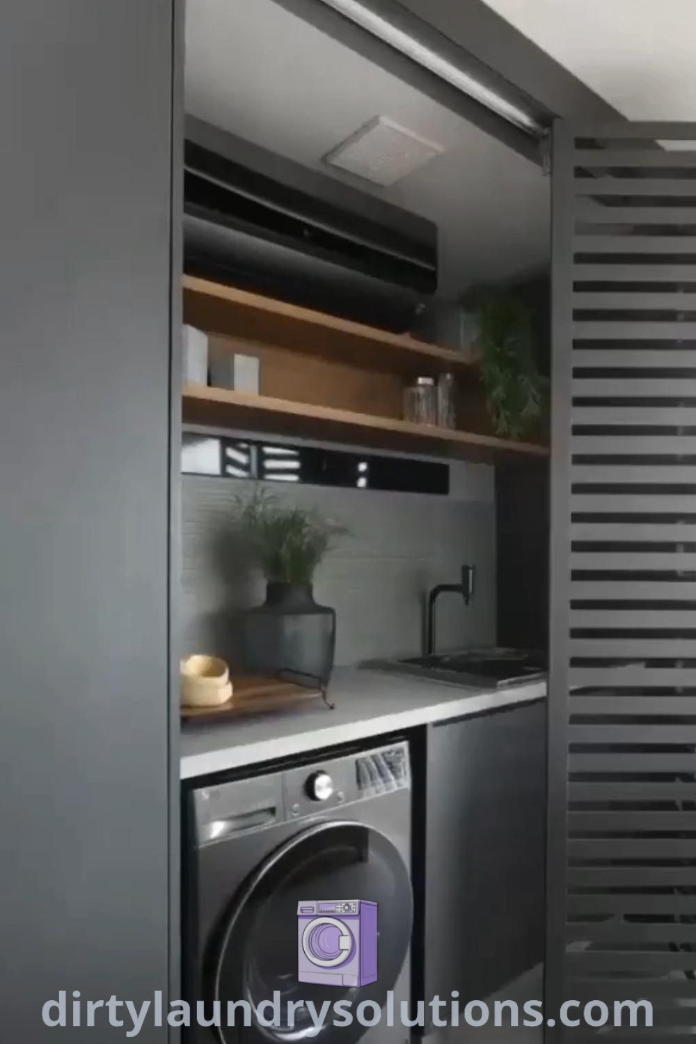 A stylish laundry room showcasing modern designs with hidden laundry solutions and a cozy aesthetic, blending harmoniously with the kitchen. Explore unique ideas and organization tips for small spaces at dirtylaundrysolutions.com.