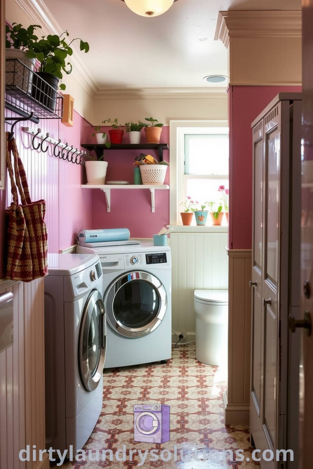 Cozy laundry nook featuring vintage-style cabinetry, well-worn linoleum floor, potted plants, and mismatched hooks for a charming and practical space. Explore inspiring ideas for your home at dirtylaundrysolutions.com.