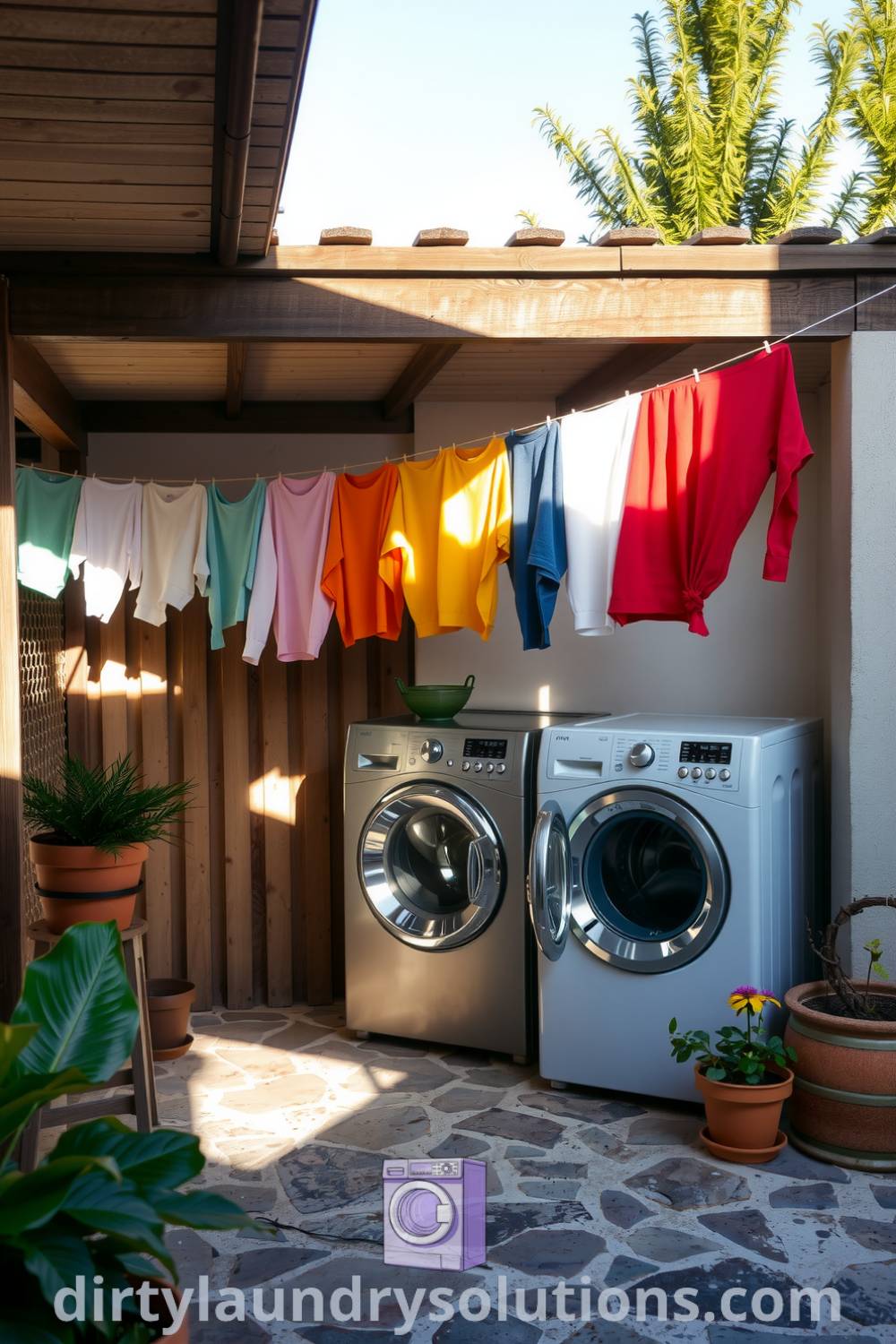 Cozy outdoor laundry area featuring sturdy metal washers, stone flooring, colorful garments on lines, and vibrant potted plants creating a charming retreat. Discover more cozy ideas for your home at dirtylaundrysolutions.com.