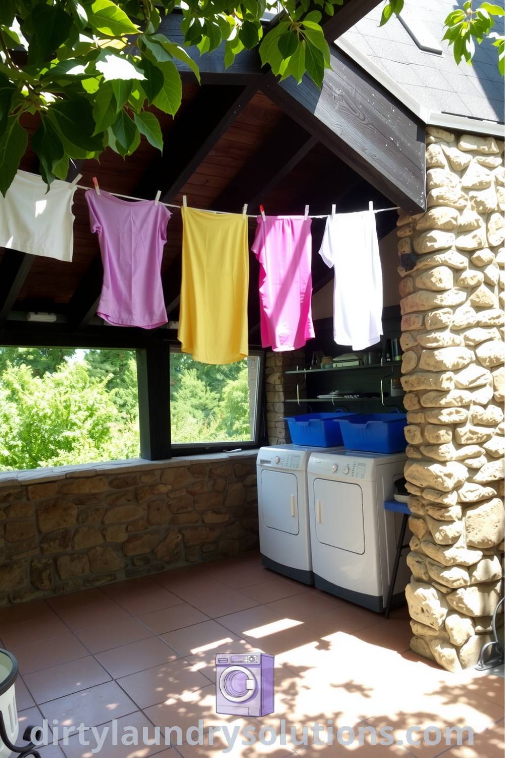 Cozy outdoor laundry nook with vibrant clothes on a covered patio, rustic stone walls, and weathered washers and dryers, creating an inspiring space. Discover more cozy ideas for your home at dirtylaundrysolutions.com.